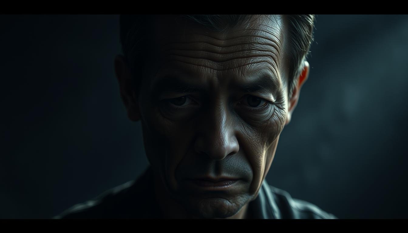 A moody, introspective portrait of a pensive individual with a downturned mouth and deep, melancholic eyes. The subject's face is illuminated by a single sidelight, casting dramatic shadows that accentuate the creases and lines of their weathered countenance. The background is hazy and muted, allowing the viewer to focus solely on the contemplative expression and the potential challenges hinted at by the subject's facial features. The overall atmosphere evokes a sense of inner conflict, uncertainty, and the burdens of one's fate as suggested by the "笑窩面相潛在挑戰" theme.