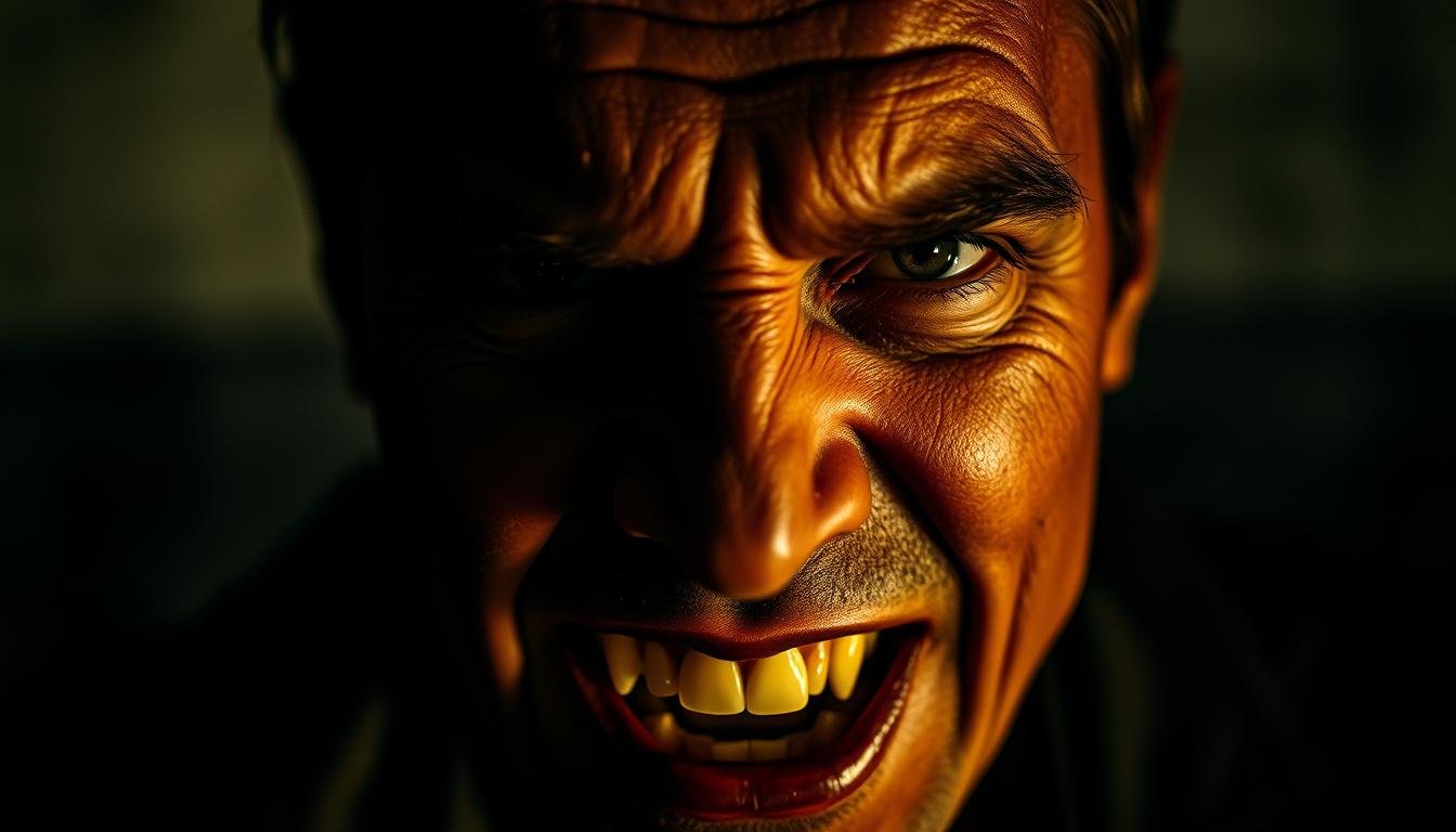 A mysterious, contemplative portrait of a person with prominent teeth, their expression a mix of intensity and introspection. Soft, warm lighting illuminates their weathered features, casting deep shadows that hint at the complexity of their character. The background is hazy, shrouded in a subtle, atmospheric mist, suggesting the metaphysical nature of the subject's persona. The composition is balanced, drawing the viewer's gaze to the intense, piercing eyes and the striking dental structure, symbols of both strength and vulnerability. Technical details: medium close-up, shallow depth of field, cinematic lighting.