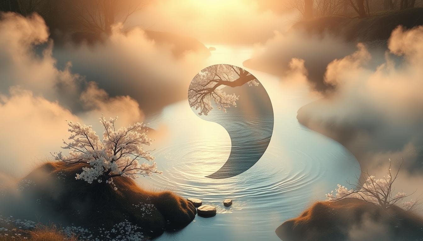 A mystical and symbolic representation of the single-sided dimple, with contrasting left and right, male and female energies. A tranquil landscape with a yin-yang symbol formed by a gentle river, its banks adorned with delicate cherry blossoms. Mist swirls around, creating an ethereal atmosphere, while soft, warm lighting illuminates the scene. The image should evoke a sense of balance, harmony, and the interplay of opposing forces that shape our destiny and character.