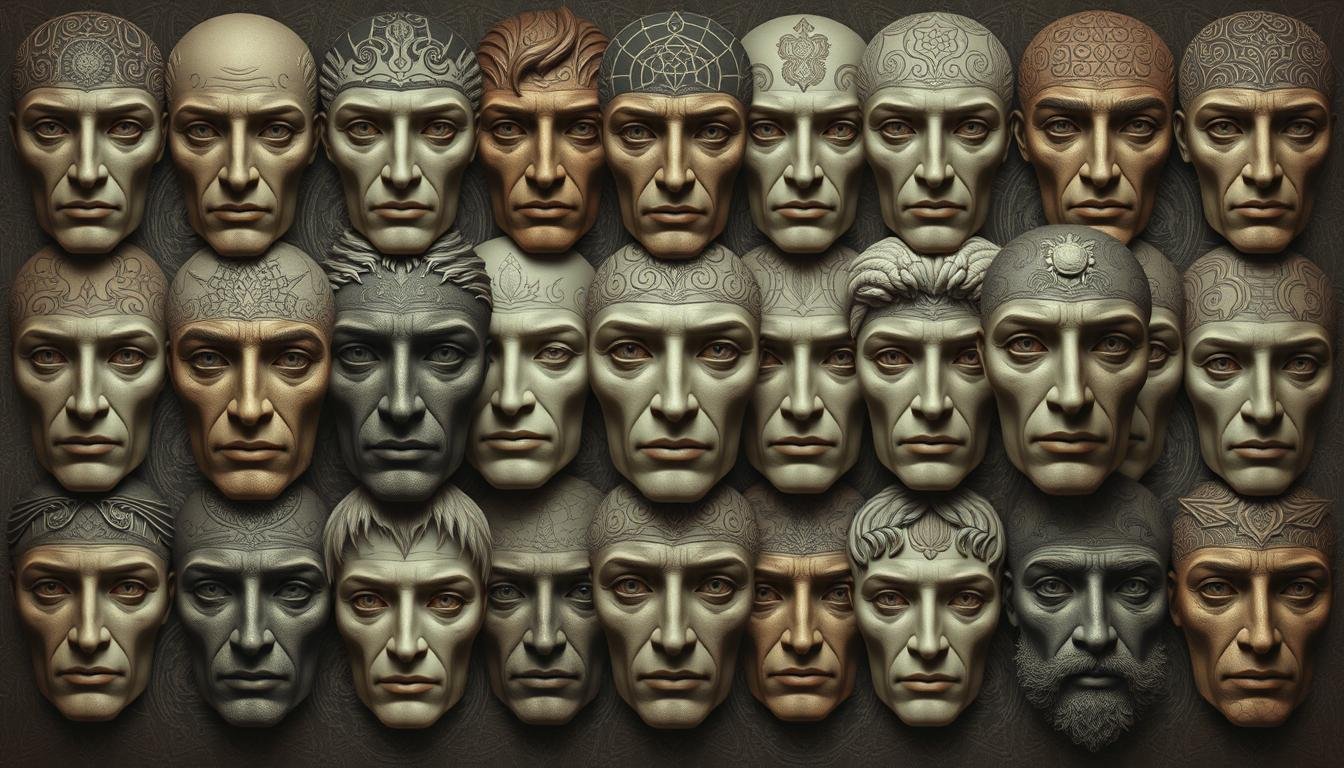 A mystical arrangement of twenty intricate faces, each a unique study in physiognomy, with distinct features and expressions that convey profound insights into the human condition. The faces are rendered in a muted, ethereal palette, with soft, diffused lighting that lends an air of contemplation and mysticism. The arrangement is balanced and harmonious, with the faces subtly interconnected, suggesting the deep ties between outward appearance and inner character. The overall effect is one of profound philosophical depth, inviting the viewer to ponder the ancient art of face reading and its role in understanding the complexities of the human experience.