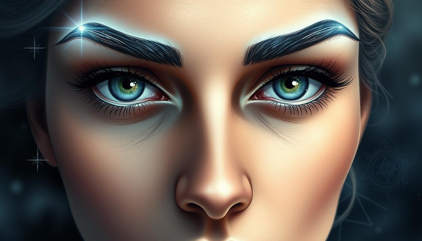 A mystical eye-catching illustration depicting the intricate connection between eyebrow shapes and one's destiny. A detailed rendering of a close-up face in a soft, dreamy lighting. The eyebrows are the focal point, with the outer edges accentuated, subtly glowing as if imbued with ethereal energy. The expression is pensive, the gaze intense yet serene, hinting at the profound insights to be gleaned from the eyebrows' nuanced features. The background is hazy, with a hint of celestial patterns and divination symbols, creating an atmosphere of contemplation and divination. Rendered in a delicate, painterly style that oozes mysticism and tranquility.