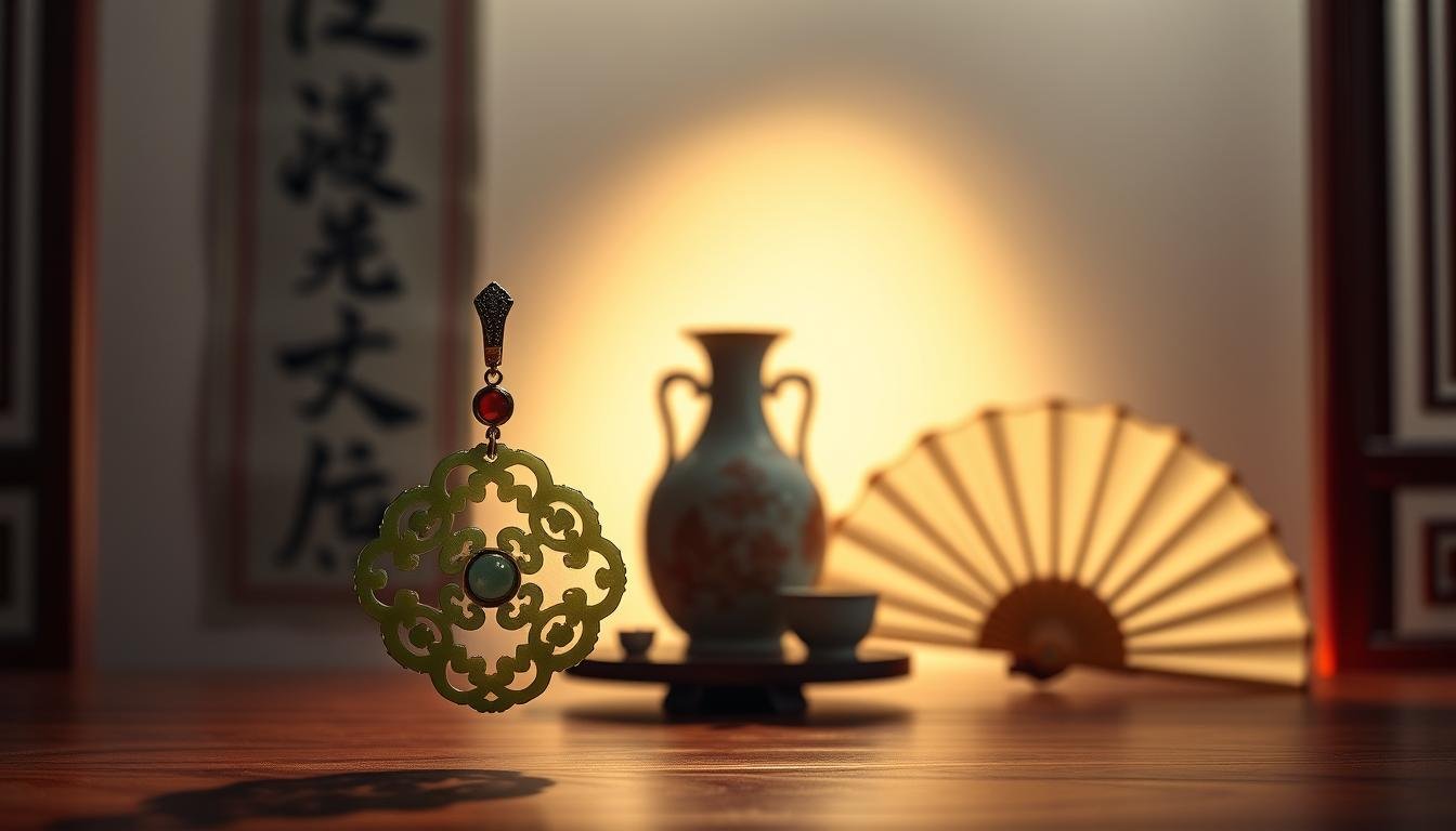 A pair of classic Chinese earrings adorned with intricate jade or agate gemstones, captured against a serene backdrop of soft, warm lighting. The earrings are positioned prominently in the foreground, casting subtle shadows that hint at their three-dimensional form. The middle ground showcases a harmonious arrangement of traditional Chinese decor, such as a calligraphy scroll, a porcelain vase, and a delicate fan. The background subtly blends elements of Chinese architecture, with hints of red lacquered wood and ornate detailing, creating an atmosphere of cultural authenticity and philosophical reflection. The overall composition conveys a sense of balance, elegance, and the deep-rooted traditions of Chinese culture surrounding the practice of wearing auspicious earrings. A pair of classic Chinese earrings adorned with intricate jade or agate gemstones, captured against a serene backdrop of soft, warm lighting. The earrings are positioned prominently in the foreground, casting subtle shadows that hint at their three-dimensional form. The middle ground showcases a harmonious arrangement of traditional Chinese decor, such as a calligraphy scroll, a porcelain vase, and a delicate fan. The background subtly blends elements of Chinese architecture, with hints of red lacquered wood and ornate detailing, creating an atmosphere of cultural authenticity and philosophical reflection. The overall composition conveys a sense of balance, elegance, and the deep-rooted traditions of Chinese culture surrounding the practice of wearing auspicious earrings.