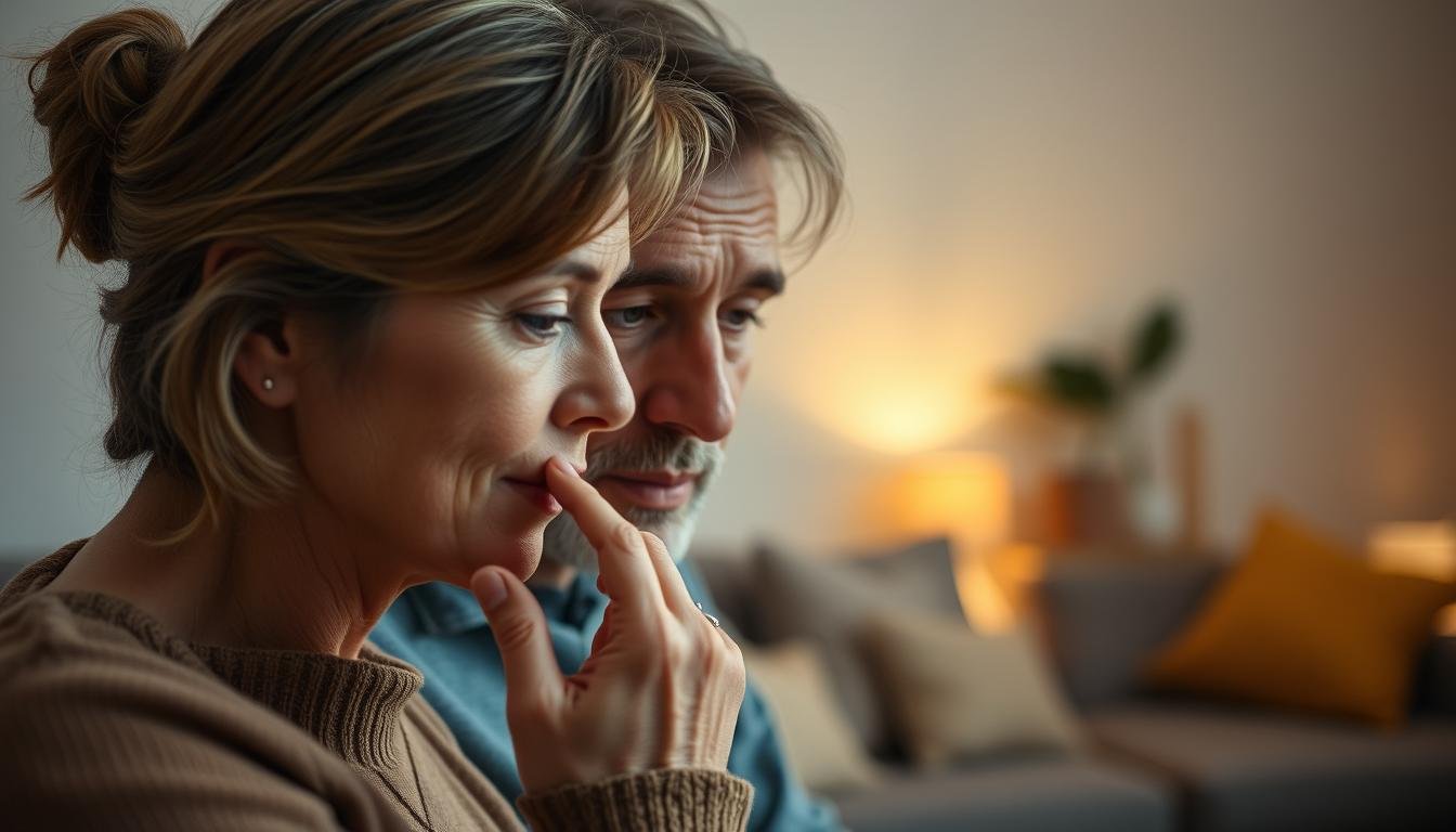 A peaceful domestic scene capturing the practical application of physiognomy in daily life. In the foreground, a middle-aged woman thoughtfully examines her husband's facial features, her fingers tracing the contours of his brow and chin. The middle ground features a cozy living room setting, with comfortable furniture and warm lighting evoking a sense of intimacy and introspection. The background fades into soft, muted tones, creating a contemplative atmosphere. The couple's expressions are focused, suggesting a deep discussion about the insights revealed through the ancient art of physiognomy and its relevance to their relationship and life choices.