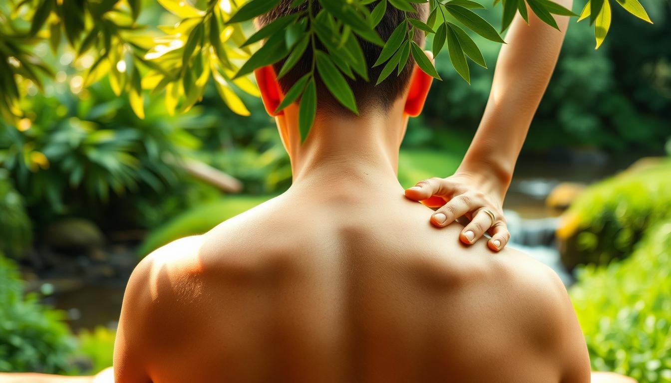 A peaceful, serene scene of a person receiving a natural massage in a tranquil outdoor setting. The foreground features a person's back, with hands gently kneading and applying pressure to various points along the spine and shoulders. The middle ground showcases a lush, verdant landscape with vibrant greenery and a calming stream or small waterfall in the background. Warm, soft lighting filters through the leaves, creating a soothing atmosphere. The composition is balanced, with a focus on the natural massage techniques being demonstrated. The overall mood is one of relaxation, restoration, and the harmony of the human body with the natural world.