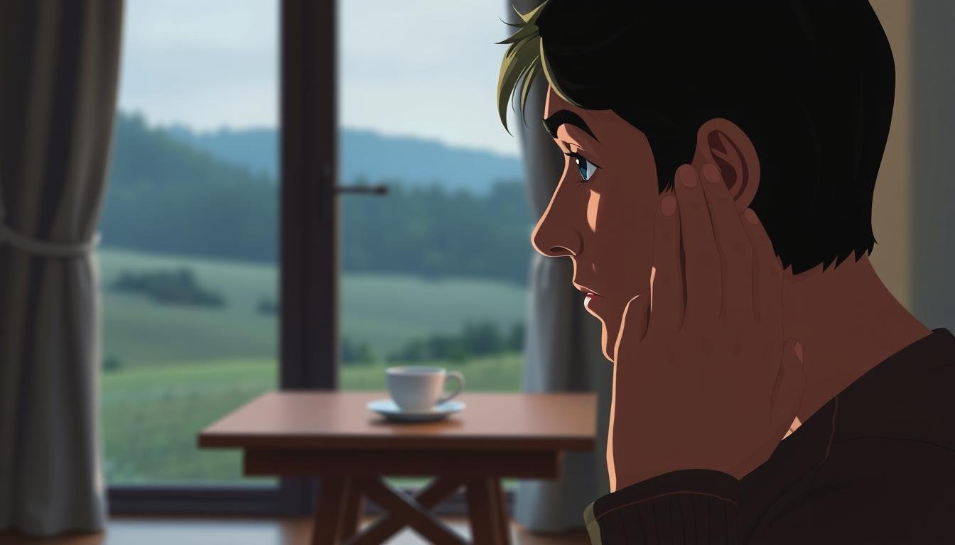 A peaceful, well-lit interior scene showing a person intently listening to a question being asked. The foreground features the person's face in profile, eyes focused and brow furrowed in concentration, hands cupped around an ear to better hear the question. In the middle ground, a simple wooden table with a teacup and saucer, suggesting a casual, contemplative setting. The background is blurred, but hints at a serene, natural landscape outside a window, creating a calming, introspective atmosphere. Soft, diffuse lighting from an unseen window casts a warm, inviting glow on the scene. Rendered with a painterly, almost impressionistic style to convey a sense of thoughtfulness and emotional depth.