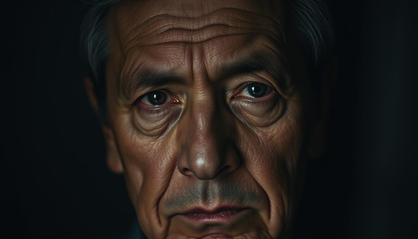 A pensive, middle-aged person with a distinct forehead indentation, conveying a sense of introspection and the weight of life experiences. The subject is captured in a moody, atmospheric lighting, casting subtle shadows that accentuate the facial features. The background is softly blurred, allowing the face to take center stage and drawing the viewer's attention to the intriguing facial expression and its potential implications for the person's social dynamics and personal narrative.