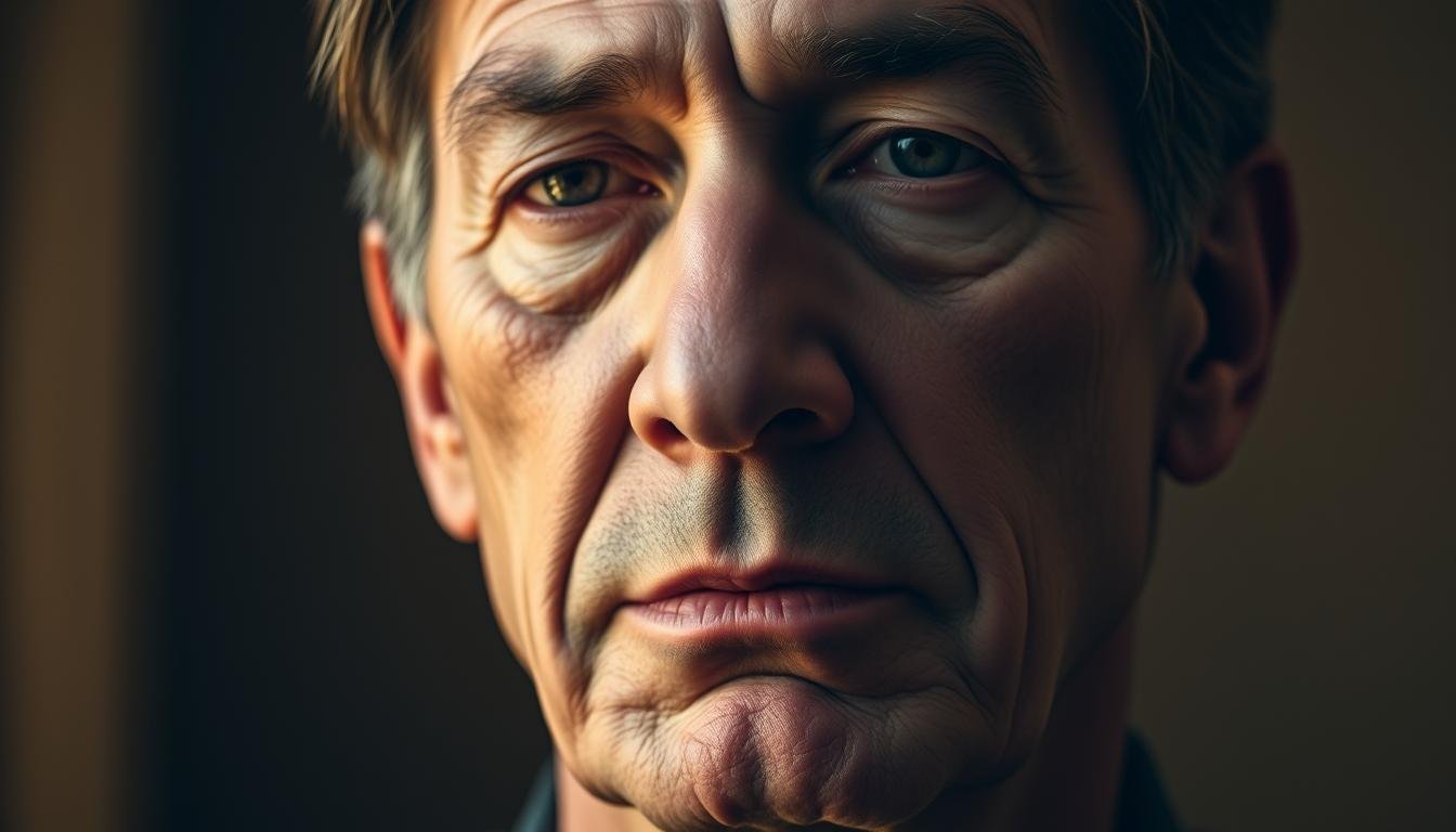 A pensive, middle-aged person with a distinct, subtly recessed chin and a slight furrow between the eyebrows. The face is illuminated by soft, warm lighting from the side, accentuating the contours and shadows. The background is a muted, earthy tone, allowing the subject's introspective expression and features to take center stage. The lens captures the face at a slightly upward angle, lending an air of contemplation and depth to the portrait. An intimate, psychological study of the face's unique physiognomy and its potential insights into the individual's life experiences and destiny.