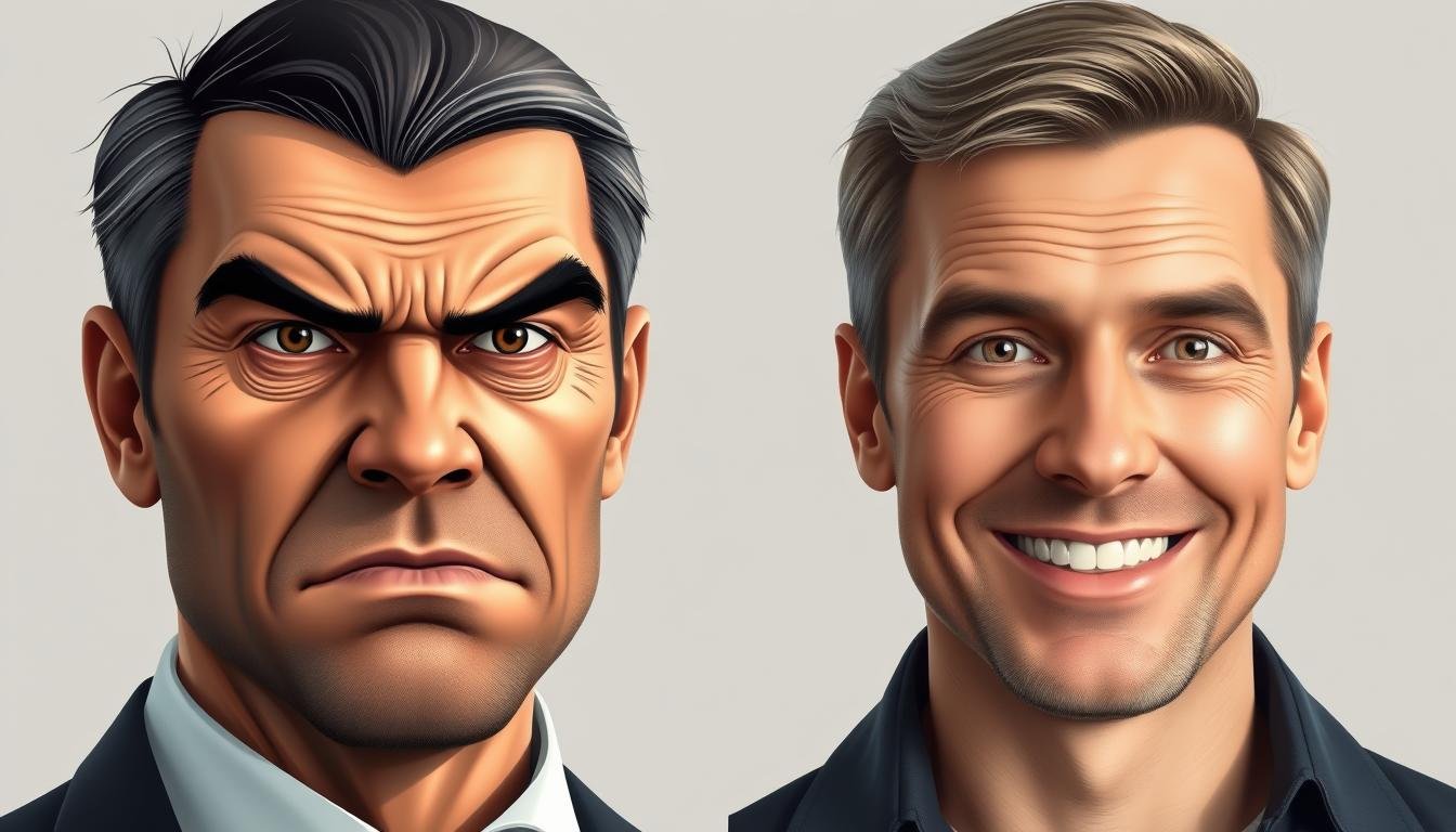 A photorealistic illustration featuring two distinct facial profiles side-by-side. On the left, a close-up view of a stern, narrow-eyed man with sharp, angular features and a tightly pursed mouth, conveying an aura of selfishness and detachment. On the right, the warm, open expression of a kind-faced man with softer, more rounded features, gentle eyes, and a sincere, inviting smile, embodying the qualities of a good man. Bright, even lighting illuminates the contrasting visages, set against a neutral, muted background that allows the faces to command the viewer's attention. The composition is balanced, with both profiles given equal weight and visual prominence to highlight the intended comparison.