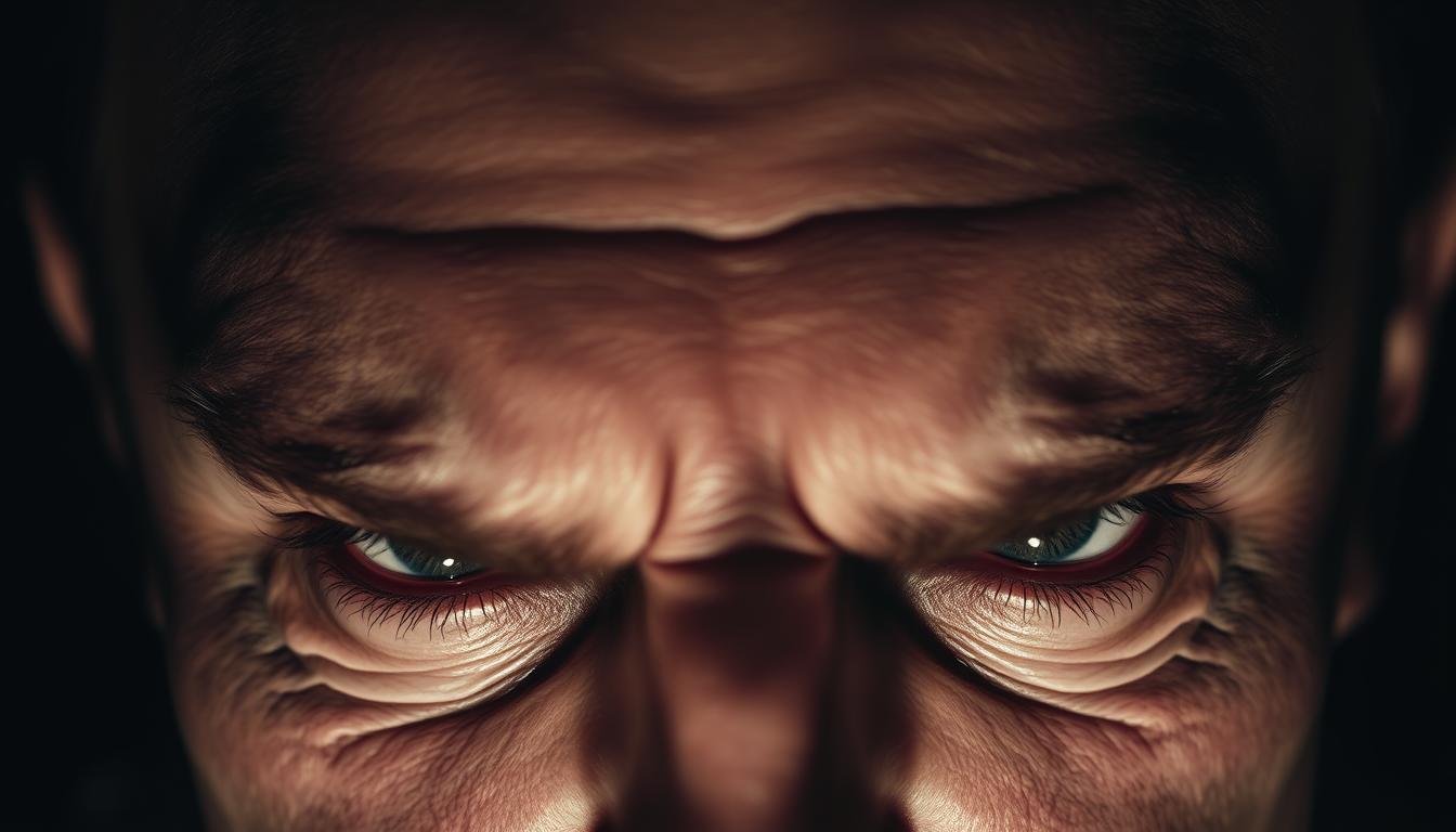 A piercing gaze from intensely furrowed brows, casting deep shadows over the eyes. Severe lines accentuate a taut, unyielding expression - the ultimate manifestation of "six evil brows", a face consumed by inner turmoil. Dramatic lighting casts an ominous atmosphere, highlighting the extreme tension of the eyebrows pressing down, overwhelming the facial features. Captured in a tight close-up, the unsettling visage dominates the frame, demanding attention to this extreme embodiment of the "brow pressure eye" phenomenon.