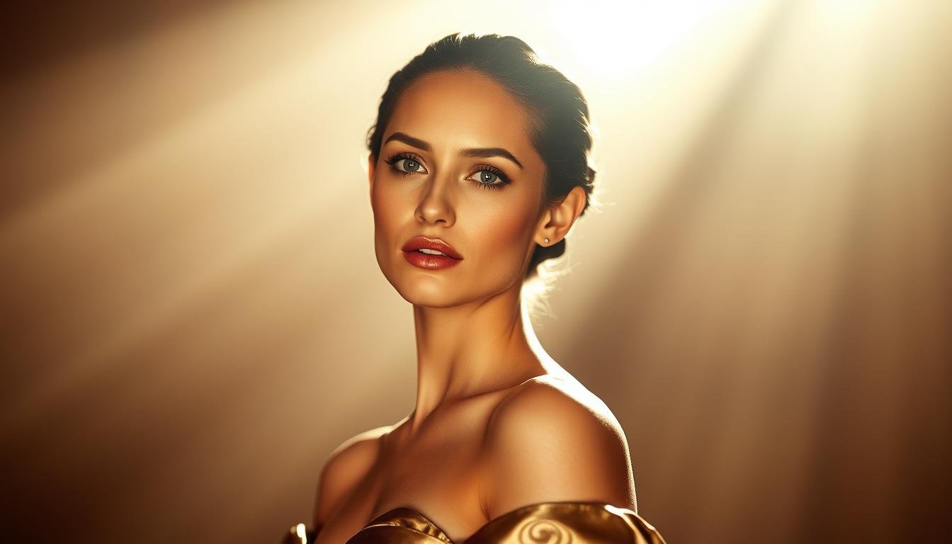 A poised, elegant woman with delicate features and a serene expression. Her skin has a smooth, luminous quality, and her bone structure is refined and graceful. She is adorned in luxurious fabrics that drape elegantly across her figure, emphasizing her slender, refined form. The lighting is soft and diffuse, creating a warm, atmospheric mood that enhances the sense of refinement and sophistication. The background is muted and unobtrusive, allowing the subject to be the central focus. Overall, the image conveys a sense of refined, aristocratic beauty and a commanding, yet gentle presence.