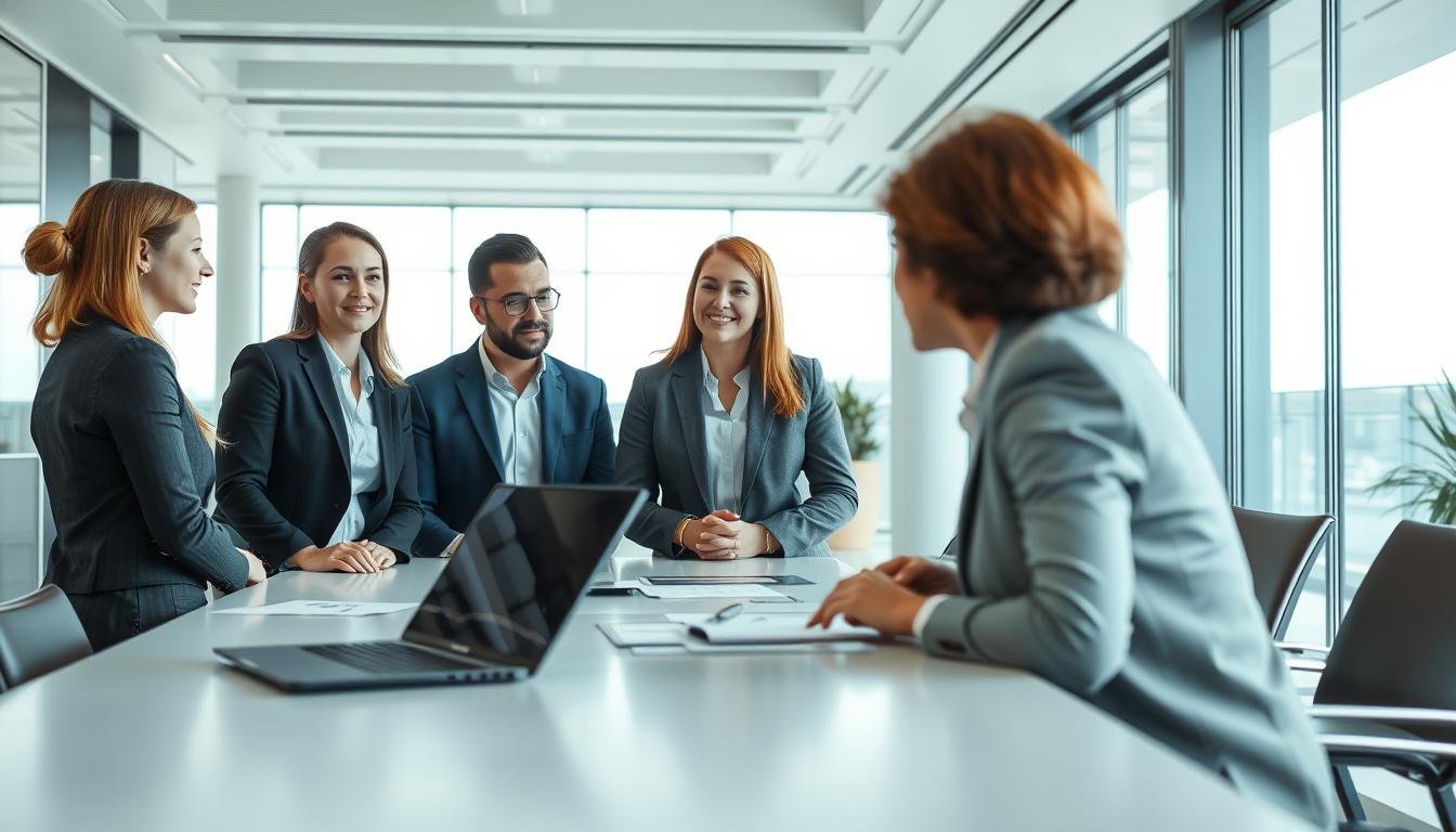 A professional business meeting in a modern office setting. In the foreground, a group of coworkers engaged in a discussion, their facial expressions and body language revealing their personalities and interpersonal dynamics. In the middle ground, a large conference table with laptops and documents, suggesting an atmosphere of serious work and decision-making. The background features sleek, minimalist decor with large windows allowing natural light to flood the space, creating a sense of openness and clarity. The lighting is soft and even, highlighting the facial features of the figures and the details of the office environment. The overall mood is one of professionalism, observation, and the application of physiognomy to understand workplace relationships and interpersonal communication.