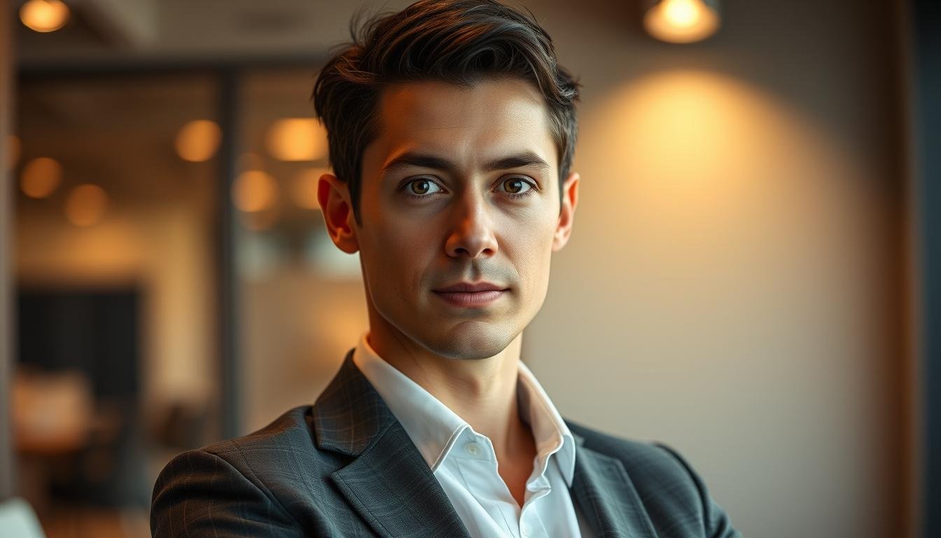 A professional businessperson in a smart suit, standing confidently in a modern office setting, making eye contact with the camera. Warm, directional lighting highlights their focused gaze and calm, authoritative expression. The background is slightly blurred, emphasizing the subject's presence. The overall mood conveys a sense of poise, competence, and approachability - the epitome of someone who has mastered the art of eye contact and interpersonal communication in a professional context.