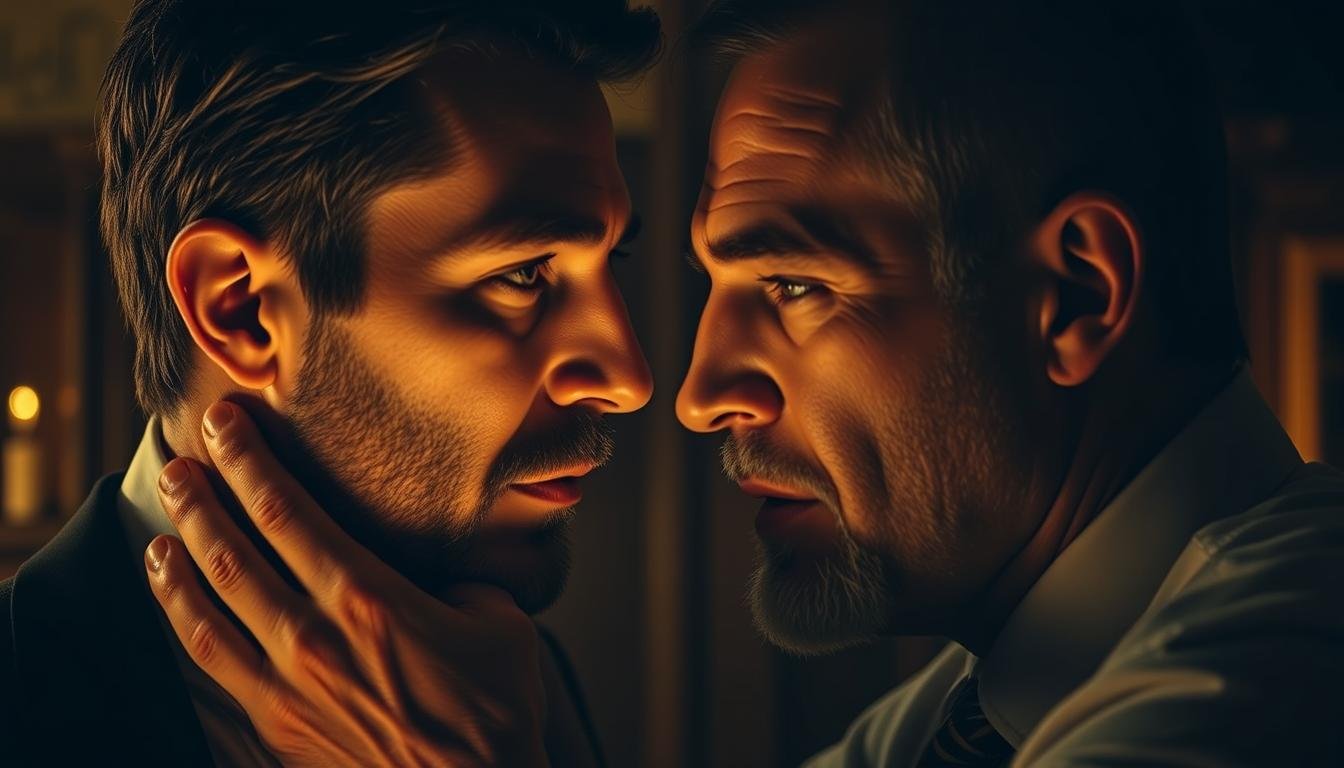 A professional face reader closely examining a male subject's facial features and bone structure in a dimly lit study. The scene has a somber, thoughtful atmosphere, with the face reader's gaze intently focused on the subject's face, as if deciphering the man's character, destiny, and life path from the subtle contours and details of his physiognomy. Warm, directional lighting illuminates the subject's face, casting dramatic shadows that accentuate the prominent brow, defined jawline, and other key facial landmarks. The background is slightly blurred, keeping the attention on the meticulous, analytical process of face reading. A professional face reader closely examining a male subject's facial features and bone structure in a dimly lit study. The scene has a somber, thoughtful atmosphere, with the face reader's gaze intently focused on the subject's face, as if deciphering the man's character, destiny, and life path from the subtle contours and details of his physiognomy. Warm, directional lighting illuminates the subject's face, casting dramatic shadows that accentuate the prominent brow, defined jawline, and other key facial landmarks. The background is slightly blurred, keeping the attention on the meticulous, analytical process of face reading.