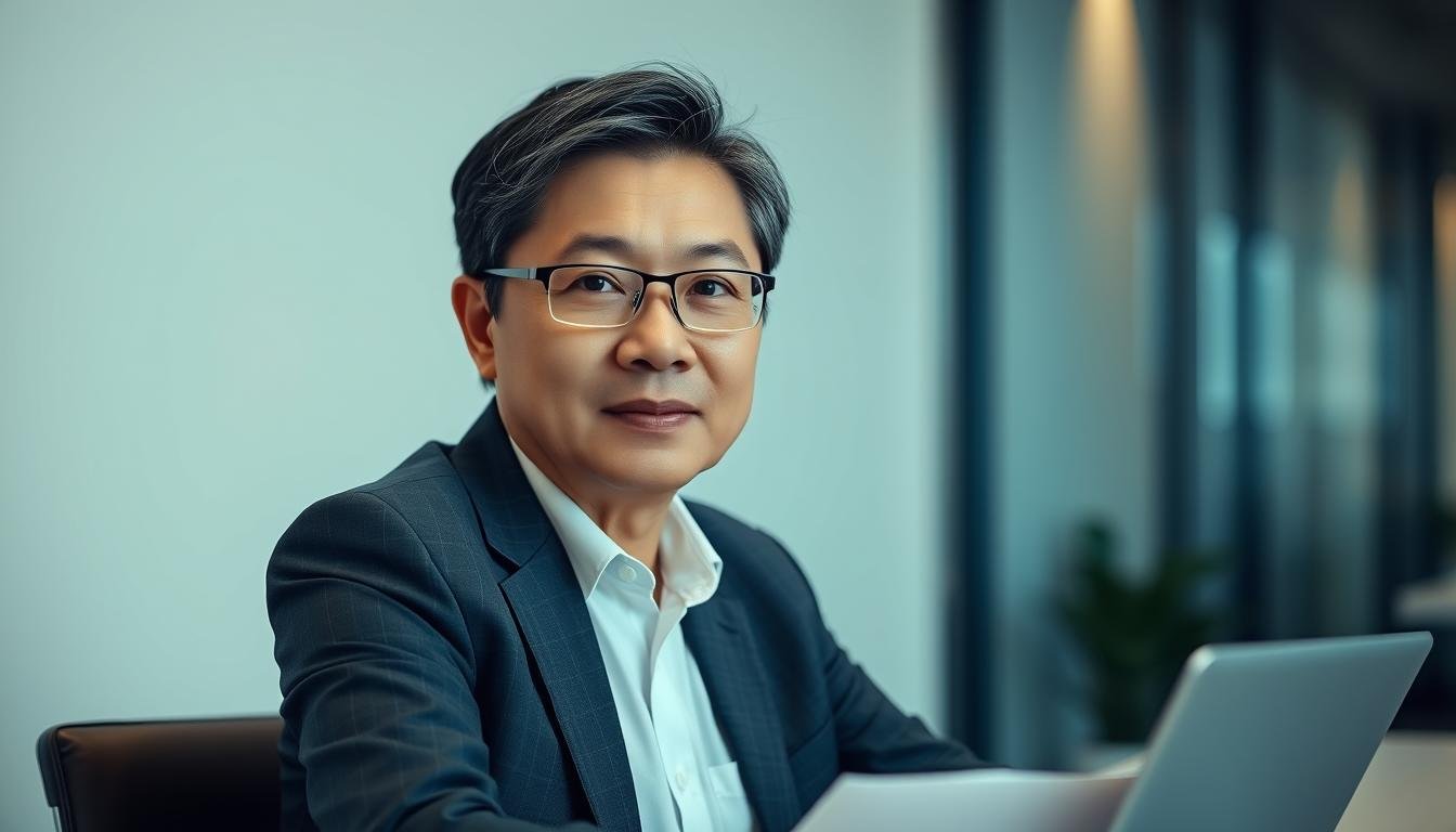 A professional-looking headshot of a middle-aged Asian business executive, shot in a clean, well-lit office setting. The subject is sitting at a desk, with a laptop and some papers in front of them. They have a neutral, focused expression, conveying a sense of competence and authority. The lighting is soft and flattering, creating subtle shadows and highlights that accentuate the subject's facial features. The background is blurred, but suggests a modern, minimalist office environment with clean lines and neutral colors. The overall mood is one of calm professionalism, reflecting the subject's role and the section's focus on personal and career development.