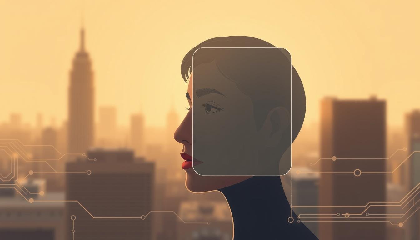 A professional, modern illustration depicting privacy protection in the context of facial analysis software. A thoughtful, serene composition with a muted color palette. In the foreground, a person's face is partially obscured by an elegant, abstract geometric shape, symbolizing the importance of data privacy. The middle ground features subtle technological elements like circuit boards and data streams, hinting at the underlying AI and software systems. The background is a soft, blurred cityscape, conveying a sense of urbanity and progress. Warm, diffused lighting creates a calming, contemplative mood. The overall impression is one of harmony between technology and personal privacy. A professional, modern illustration depicting privacy protection in the context of facial analysis software. A thoughtful, serene composition with a muted color palette. In the foreground, a person's face is partially obscured by an elegant, abstract geometric shape, symbolizing the importance of data privacy. The middle ground features subtle technological elements like circuit boards and data streams, hinting at the underlying AI and software systems. The background is a soft, blurred cityscape, conveying a sense of urbanity and progress. Warm, diffused lighting creates a calming, contemplative mood. The overall impression is one of harmony between technology and personal privacy.