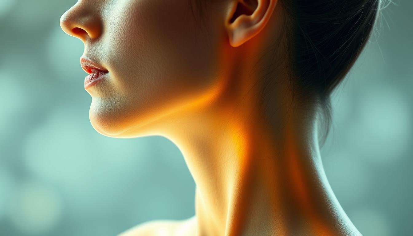 A radiant, youthful neck glowing with an ethereal light, the throat chakra (喉輪) in a state of serene balance and openness. The skin appears smooth and supple, the veins and sinews pulsing with vital energy. Soft, diffused lighting accentuates the graceful contours, creating a sense of tranquility and inner harmony. The face is in profile, the gaze cast downward in a contemplative, introspective manner. The background fades into a hazy, dreamlike realm, allowing the focal point of the throat chakra to take center stage and command attention.