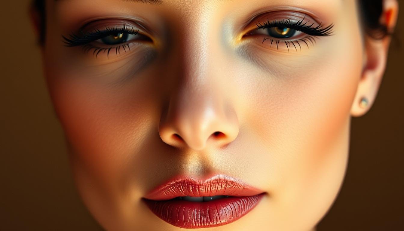 A refined and elegant woman's face, showcasing the delicate features of her nose. The nose is the central focus, highlighted with precise chiaroscuro lighting that accentuates its unique contours and distinctive shape. The skin has a luminous, porcelain-like quality, suggesting an aura of prosperity and financial abundance. The background is a muted, warm-toned palette, creating a sense of timelessness and sophistication. The overall composition conveys a balance of classical beauty and esoteric wisdom, hinting at the profound insights that can be gleaned from the study of facial features and their connection to one's fortunes.