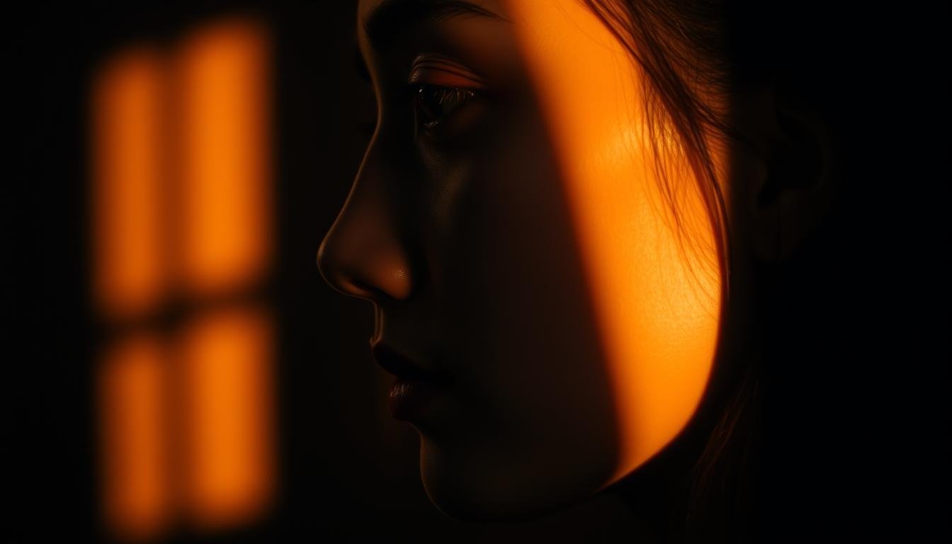 A refined, chiaroscuro portrait of a woman's face in profile, her features accentuated by warm, dramatic lighting. The focus is on her prominent, alluring dimple, a symbol of fortune and charm in physiognomy. The background is softly blurred, allowing the face to emerge with striking clarity. The mood is one of introspection and mysticism, hinting at the deep insights that can be gleaned from the study of facial features and their connection to destiny. The image conveys a sense of timeless elegance and the esoteric wisdom of traditional Chinese face reading.