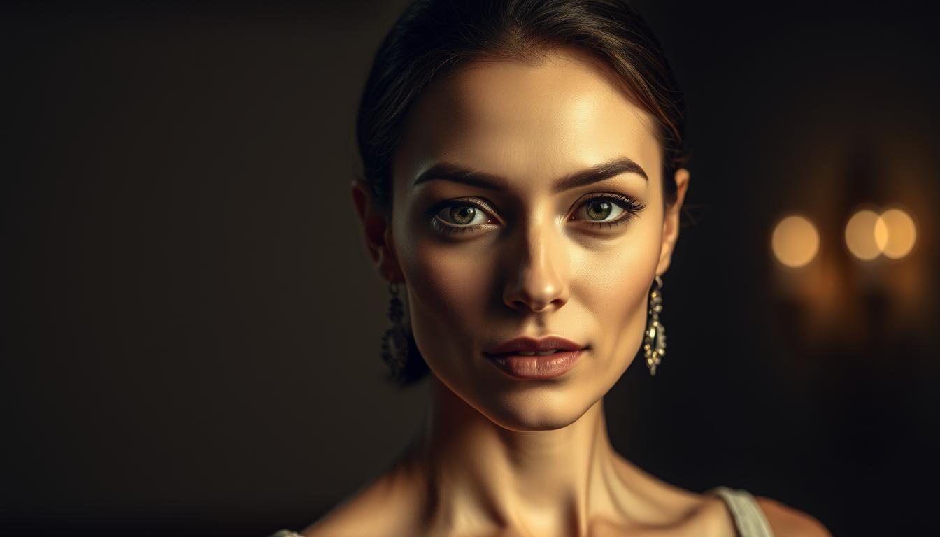 A refined, elegant woman stands in a serene, dimly lit setting, her gaze radiating an aura of inner strength and grace. Her delicate features, accentuated by dramatic lighting, convey a sense of ethereal beauty. The background is softly blurred, allowing the subject to take center stage, her presence commanding attention. The overall mood is one of understated power and self-assurance, reflecting the narrative of a woman whose destiny is written in the lines of her distinctive nose.