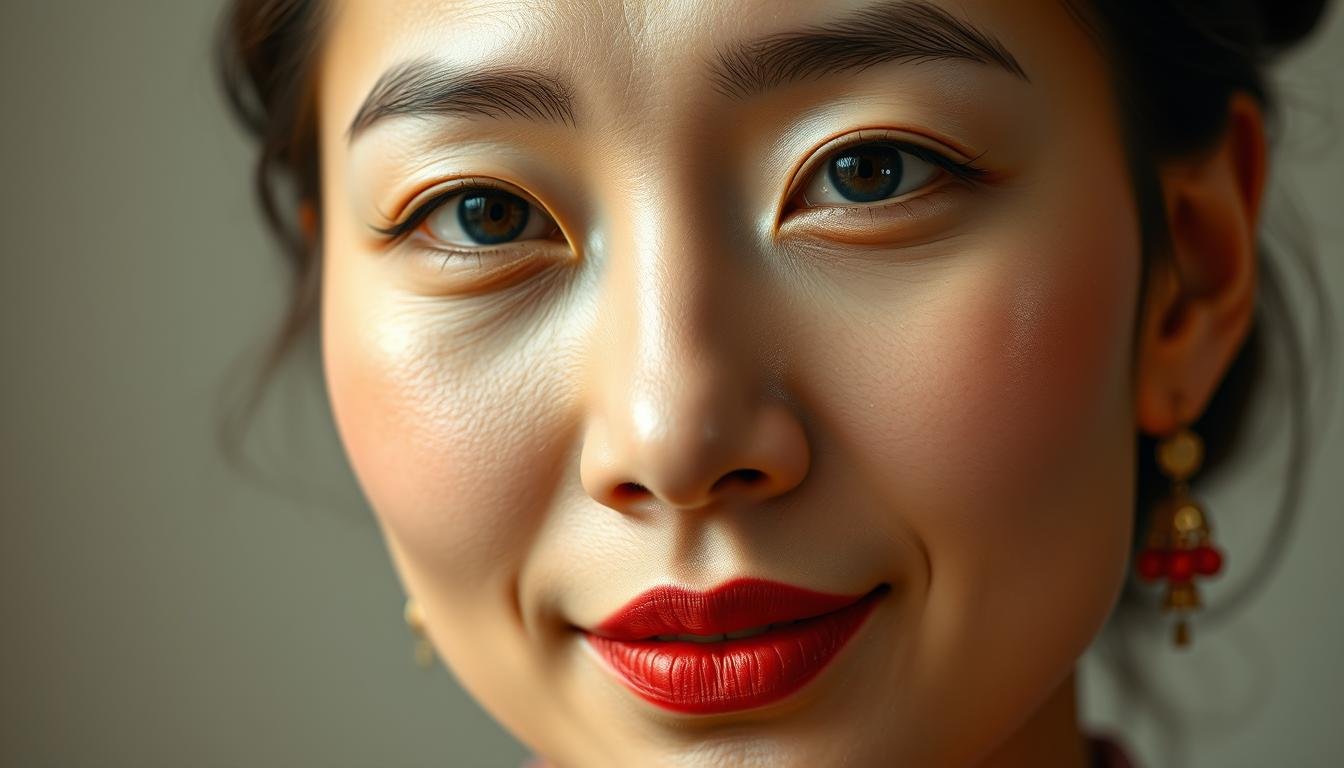 A richly detailed, high-resolution facial close-up of a person with a prosperous, harmonious facial structure. The forehead is full and rounded, radiating an aura of wealth and abundance. The cheekbones are well-defined, complementing the broad, prominent brow. The nose is straight and proportional, while the lips are full and sensual. Soft, diffused lighting illuminates the subject from the side, accentuating the facial contours and imbuing the image with an air of serene sophistication. The background is blurred, keeping the focus squarely on the captivating facial features that embody the essence of "Fuguimianxiang", or the "Prosperous Physiognomy".