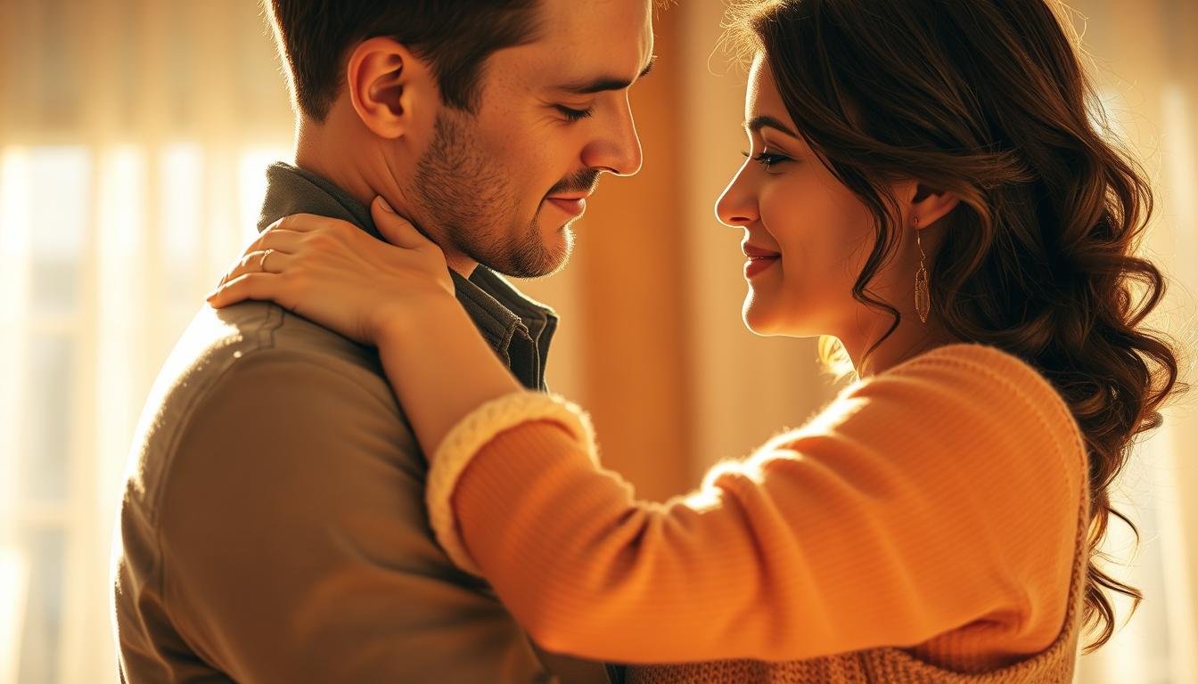 A romantic couple embracing, their bodies intertwined, radiating a sense of deep connection and marital bliss. The scene is bathed in warm, golden light, creating a cozy, intimate atmosphere. The couple's faces are serene, their eyes locked in a loving gaze, conveying the profound emotional bond they share. The background is softly blurred, keeping the focus on the couple's tender embrace. The overall composition suggests a harmonious, harmonious union, symbolizing the profound inner connection between husband and wife.