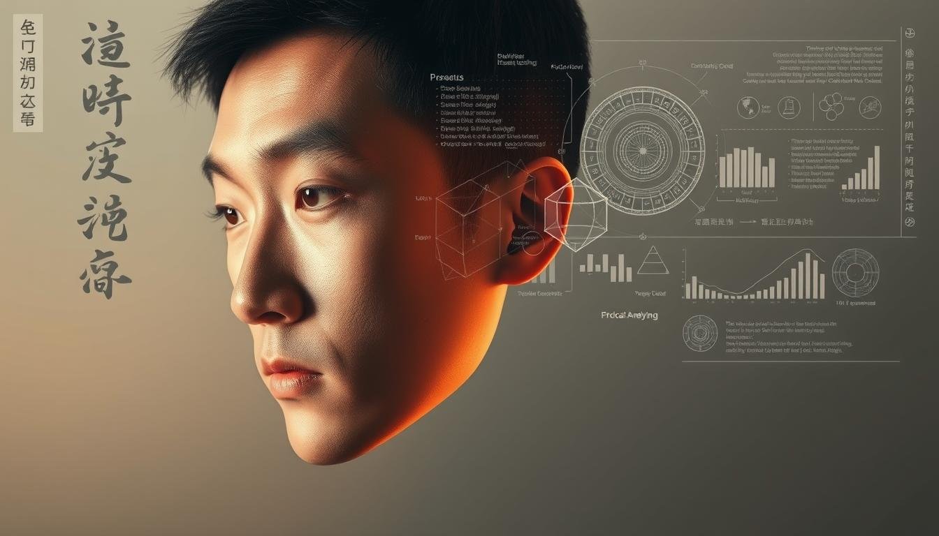 A scientifically-grounded facial analysis visualization depicting the harmonious balance between traditional physiognomy and modern empirical investigation. In the foreground, a thoughtful human face in striking profile, rendered with a high-resolution, photorealistic style. The subject's features are subtly illuminated by a warm, natural light source, casting gentle shadows that accentuate the contours of the face. In the middle ground, delicate calligraphic elements and abstract symbols representing the principles of traditional Chinese face reading blend seamlessly with transparent scientific diagrams, charts, and data visualizations. The background is a serene, minimalist composition of muted tones, creating a contemplative atmosphere that invites the viewer to ponder the interplay between ancient wisdom and contemporary scientific inquiry.