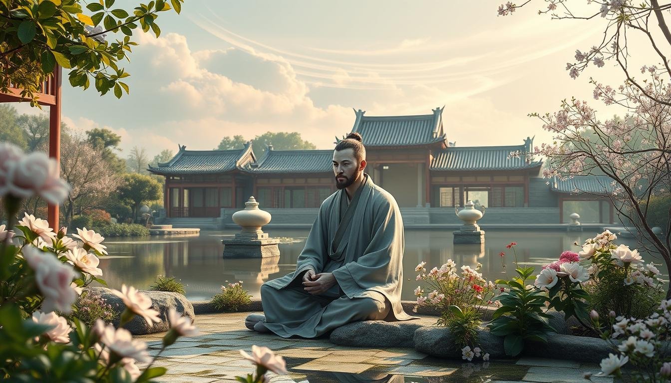 A serene Chinese garden scene, featuring a central figure with distinct facial features associated with a "white-eyed wolf" physiognomy. The figure is sitting in a contemplative pose, surrounded by lush greenery, blooming flowers, and traditional architectural elements. Soft, diffused lighting illuminates the scene, creating a calming, introspective atmosphere. In the background, a tranquil pond reflects the scenery, while wispy clouds drift across a gentle sky. The overall composition conveys a sense of balance, harmony, and the possibility of personal transformation through self-awareness and practical guidance.