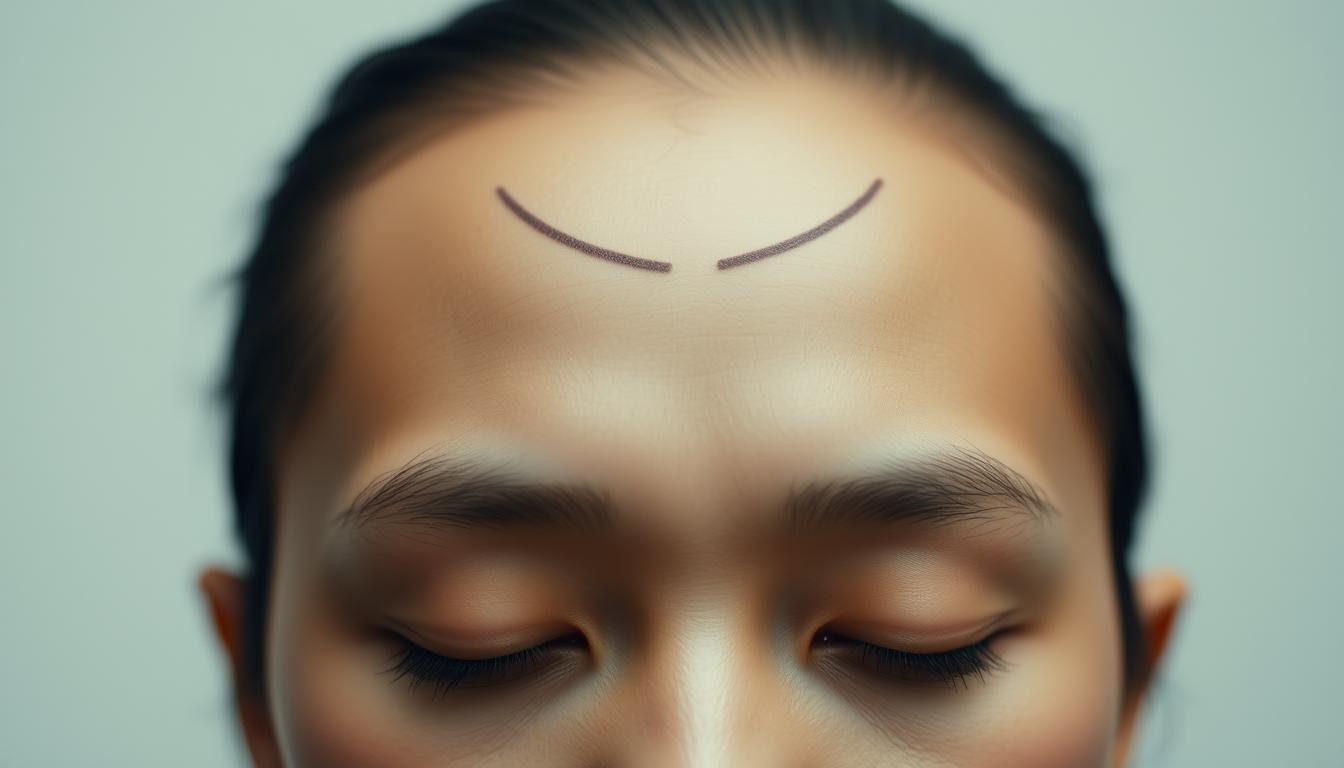 A serene and contemplative portrait of a person's forehead, prominently featuring the distinctive "偃月紋" (crescent-shaped forehead lines). The subject's face is illuminated by soft, diffused lighting, creating an ethereal, introspective atmosphere. The lines on the forehead are captured in fine detail, appearing as gentle, sweeping curves that convey a sense of wisdom and inner harmony. The midground is slightly blurred, allowing the viewer to focus on the central feature, while the background is a neutral, calming tone that complements the overall meditative feel of the image. The composition is balanced and symmetrical, emphasizing the significance and symbolism of the "偃月紋" as a representation of the subject's intellectual abilities and life path.