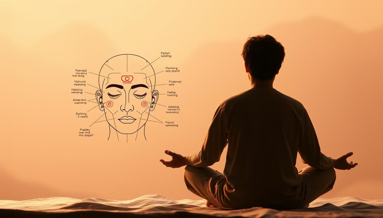 A serene and contemplative scene of a modern application of physiognomy. In the foreground, a person sits in a meditative pose, their eyes closed as they ponder the insights revealed by the study of facial features. The middle ground showcases a detailed illustration of a human face, annotated with symbolic markings that highlight the key points of analysis. In the background, a soft, abstract gradient of muted tones creates a calming atmosphere, suggesting the introspective nature of this esoteric practice. The lighting is warm and diffused, casting a gentle glow that enhances the thoughtful mood. The overall composition conveys the idea of self-reflection and personal growth through the lens of traditional Chinese physiognomy.