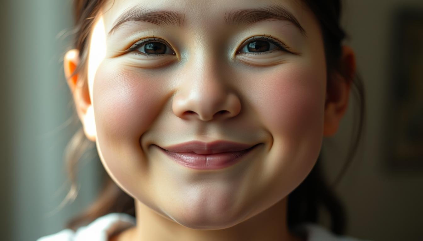 A serene and harmonious portrait of a round, soft-featured face exuding warmth and contentment. The subject's complexion is luminous, with rosy cheeks and gentle eyes that convey an innate kindness. Soft lighting from above casts subtle shadows, accentuating the face's natural contours and giving it a tranquil, almost ethereal quality. The background is hazy and indistinct, allowing the subject's face to be the focal point, radiating an aura of familial bliss and prosperity. The overall composition and mood evoke a sense of inner peace and deep fulfillment, embodying the essence of a life blessed with the happiness of children.