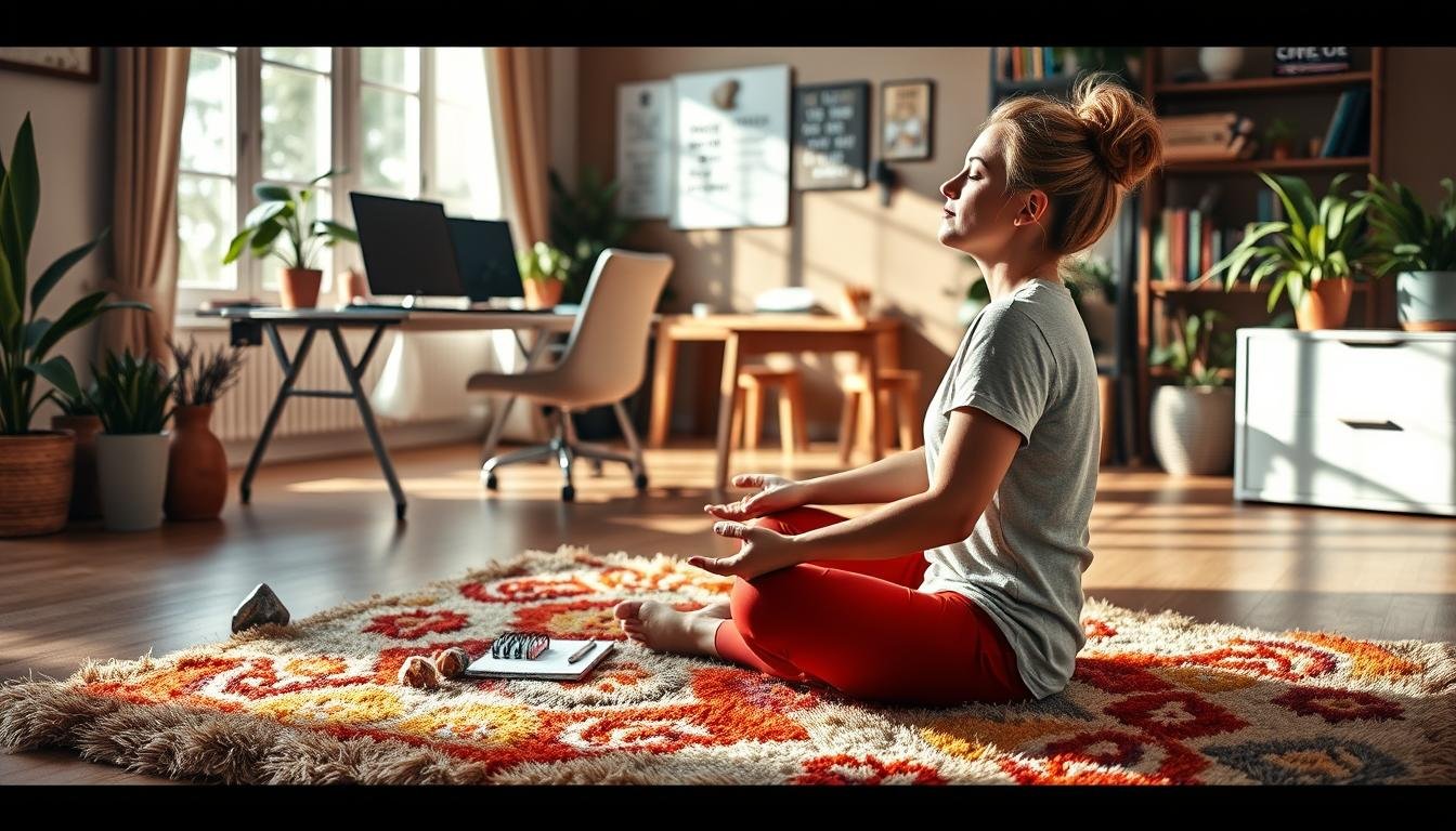 A serene and harmonious scene depicting the balance between work and personal life. In the foreground, a person sits cross-legged on a plush, colorful rug, eyes closed in meditation, surrounded by potted plants and crystals, conveying a sense of inner peace and mindfulness. In the middle ground, a well-organized desk with a laptop, planner, and inspirational quotes reflects a productive work environment. The background showcases a warm, cozy living space with natural light filtering through large windows, highlighting the importance of work-life integration for mental well-being. The overall mood is one of tranquility, focus, and a deliberate approach to balancing career and personal fulfillment.