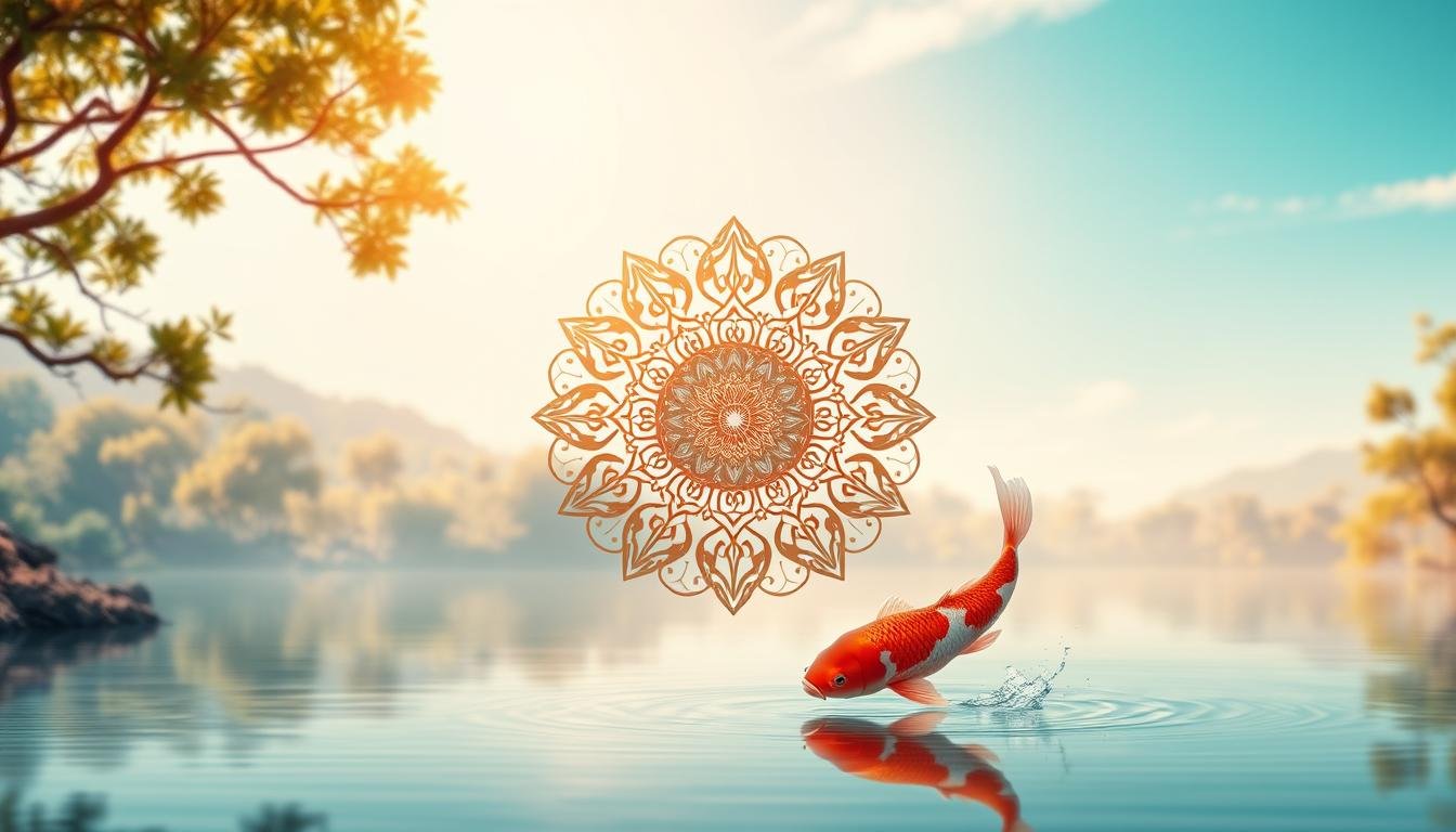 A serene and harmonious scene depicting the interplay between fate and fortune. In the foreground, a serene Asian landscape with a tranquil lake, surrounded by lush foliage and a clear, azure sky. Emerging from the water, a graceful koi fish symbolizes prosperity and good luck. In the middle ground, a delicate and intricate fan-shaped mandala, crafted with intricate patterns and vibrant colors, represents the balance and interconnectedness of life's cycles. The background features a warm, soft-focus glow, evoking a sense of spiritual enlightenment and the mystical nature of destiny. Subtle, natural lighting casts a gentle, ethereal ambiance over the entire scene, capturing the essence of "運勢" - the harmonious interplay of fate, fortune, and personal growth.