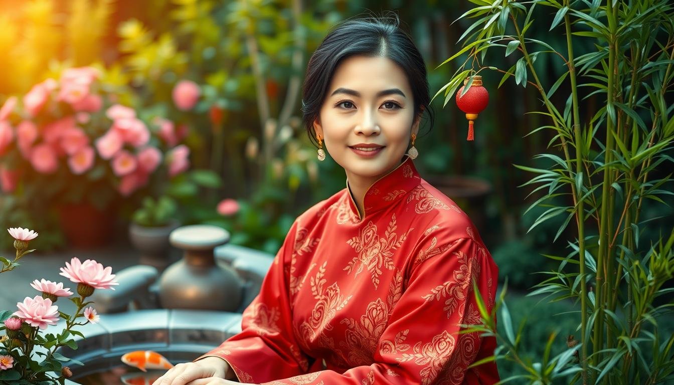 A serene and harmonious scene of a woman with a round, youthful face sits in a lush, verdant garden. Soft, warm lighting gently illuminates her features, accentuating the natural glow of her skin. She wears a flowing, traditional Chinese dress in rich, auspicious colors. Surrounding her are symbols of good fortune, such as blooming flowers, a small pond with koi fish, and a lucky bamboo plant. The atmosphere is one of tranquility and positive energy, inviting the viewer to feel a sense of balance and prosperity. The composition is carefully balanced, with the woman as the focal point, creating a visually striking and aesthetically pleasing image.