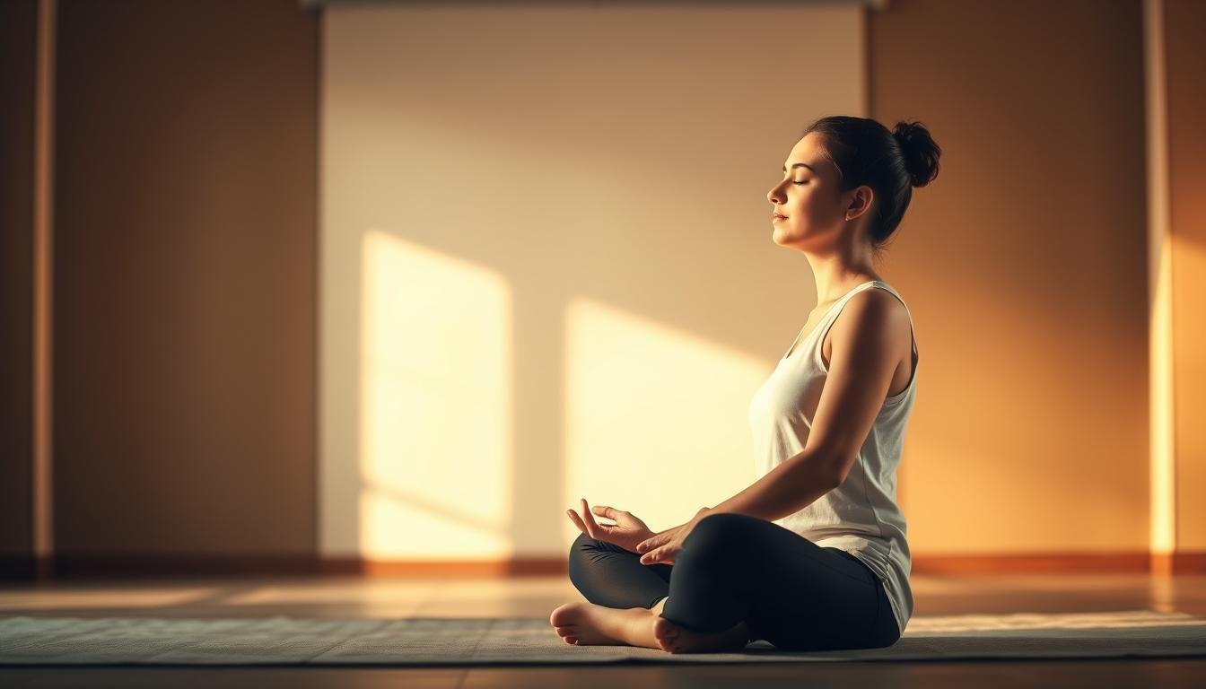A serene and meditative scene of a person practicing "Yintang" (third eye) relaxation exercises. In the foreground, a person sits cross-legged, eyes closed, fingers gently placed on the "Yintang" point between the eyebrows. Soft, warm lighting casts a calming glow, creating an atmosphere of tranquility and focus. The middle ground features a minimalist, Zen-inspired backdrop, perhaps a plain wall or a simple landscape, allowing the subject to be the central focus. The background is subtly blurred, emphasizing the contemplative mood. The overall composition conveys a sense of inner peace, balance, and the power of self-care practices to transform one's outlook on life.