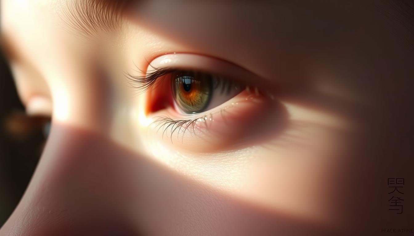 A serene close-up of the outer eye corner, known as the "夫妻宮" in traditional Chinese face reading. The eye is gently upturned, radiating a warm, soulful expression. Soft, natural lighting casts subtle shadows, accentuating the delicate features. The skin around the eye appears smooth and unblemished, hinting at the subject's emotional well-being and harmonious relationships. A sense of tranquility and inner peace permeates the frame, reflecting the positive influences suggested by an elevated eye shape. The image offers a contemplative glimpse into the connection between facial features and the subject's personal life, as explored in the article.