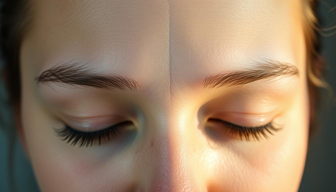 A serene close-up portrait of a person's forehead, gently illuminated by soft, diffused natural light. Their brow is smooth and relaxed, with subtle indentations forming a faint diamond-shaped "suspensory wrinkle" pattern. The skin has a slight translucent quality, revealing the intricate network of fine lines and energy channels converging at the third eye chakra. The composition is centered and tightly framed, drawing the viewer's attention to the delicate nuances and intuitive insights that can be gleaned from this area of the face. A sense of tranquility and self-reflection pervades the scene, inviting the viewer to meditate on the hidden meanings of this physiognomic feature.