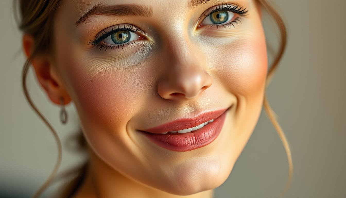 A serene, close-up portrait of a woman's face, her features radiating a sense of affluence and contentment. Soft, warm lighting accentuates the smooth, youthful skin, high cheekbones, and delicate jawline, conveying an air of elegance and refinement. The eyes are calm and confident, the gaze direct yet subtly alluring. The lips are lightly parted, hinting at a gentle, genuine smile. The background is softly blurred, placing the focus entirely on the subject's captivating facial characteristics, the very essence of a "wealthy" and prosperous feminine appearance.