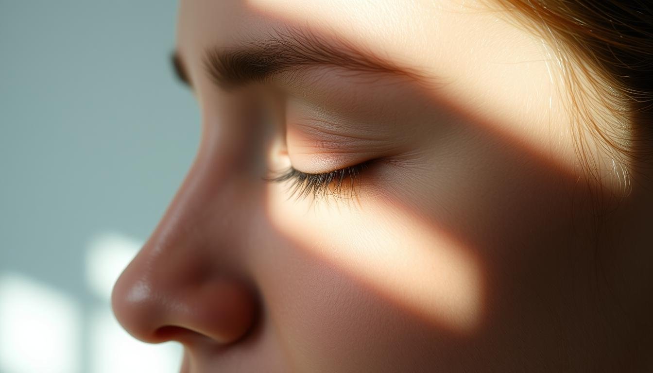 A serene, close-up shot of a person's temple area, gently illuminated by soft, diffused natural lighting. The skin appears smooth, healthy, and well-cared for, with a subtle glow that emanates an aura of balance and harmony. The focal point is the temple region, capturing the intricate details and contours of this facial feature. The background is blurred, creating a sense of focus and calmness, allowing the viewer to fully appreciate the tranquil, rejuvenated appearance of the temple area.
