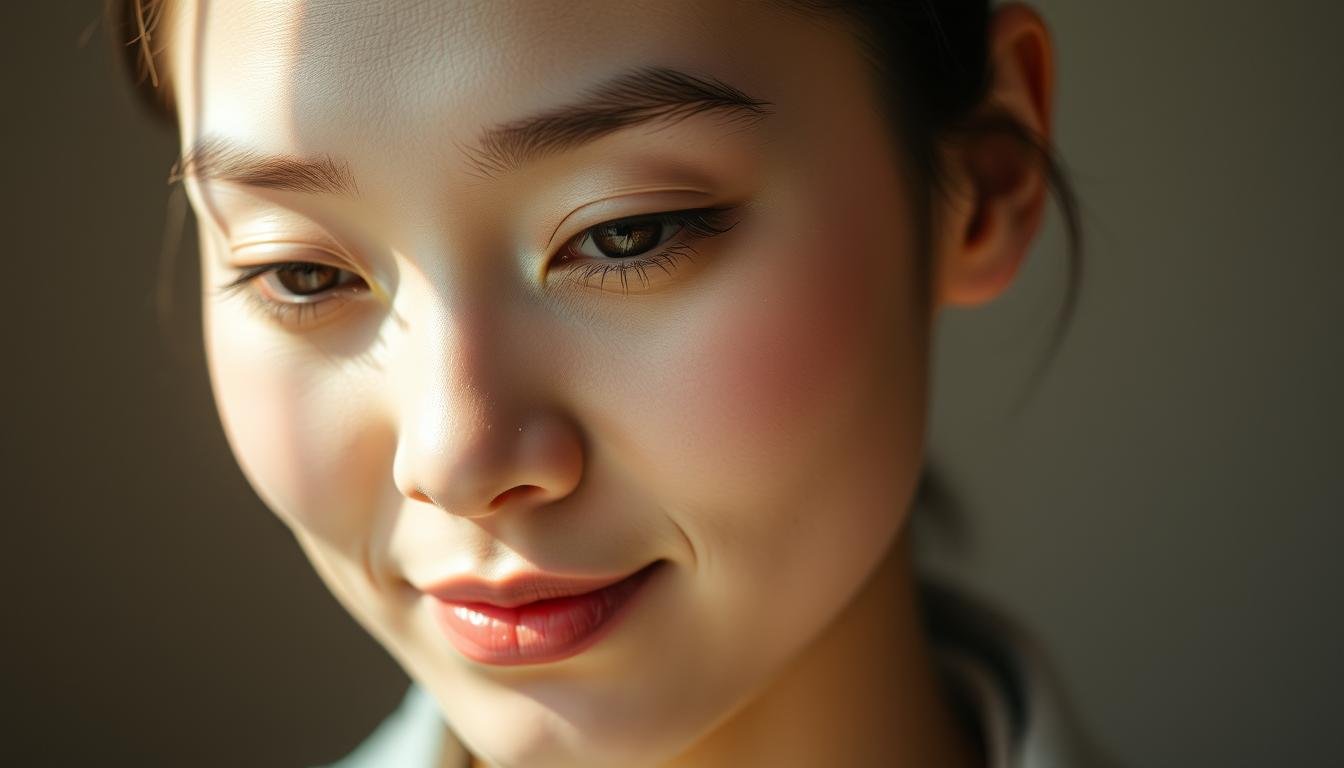 A serene, contemplative facial expression with kind, gentle eyes that reflect an innate goodness of spirit. The subject's brow is softly furrowed, conveying a thoughtful, empathetic gaze. Subtle smile lines accentuate a warm, benevolent demeanor. Soft, diffused lighting from an angled side illuminates the face, highlighting the tranquil, almost luminous quality of the features. The background is a muted, harmonious palette that allows the subject's kind, compassionate countenance to take center stage, embodying the essence of "慈眉善目" - a visage borne of an inherently good and virtuous nature.