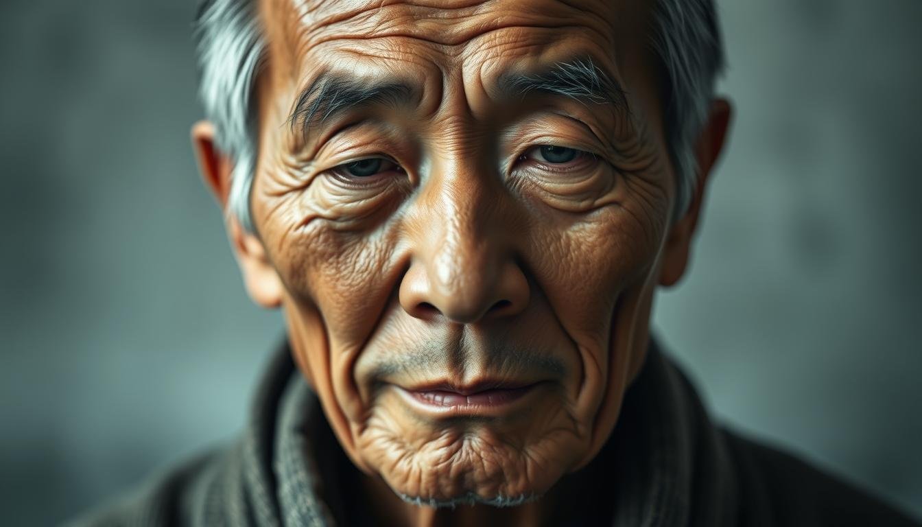 A serene, contemplative portrait of a wise, elderly East Asian man with an expression of deep insight and tranquility. The subject's face fills the frame, illuminated by soft, natural lighting that casts subtle shadows and highlights the intricate details of his weathered features. His eyes are half-lidded, conveying a sense of inner focus and calm. The background is blurred, allowing the viewer to concentrate on the man's captivating visage and the study of his physiognomy. The overall tone is one of reverence and introspection, inviting the viewer to ponder the mysteries of traditional Chinese face reading.
