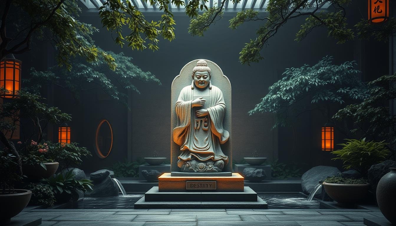 A serene, contemplative scene set in a tranquil, dimly lit Asian garden. In the center, an intricately carved stone sculpture depicts a figure representing "命運" (destiny), its features softly illuminated by warm, diffused lighting. Lush greenery and flowing water elements surround the central sculpture, creating a sense of balance and harmony. The composition features a low camera angle, emphasizing the imposing presence of the destiny sculpture and inviting the viewer to ponder its symbolic significance. Muted tones of gray, green, and gold evoke a sense of timelessness and introspection, reflecting the deep insights of physiognomy as explored in the article's section on the modern guide to facial features, life cycles, and self-cultivation.