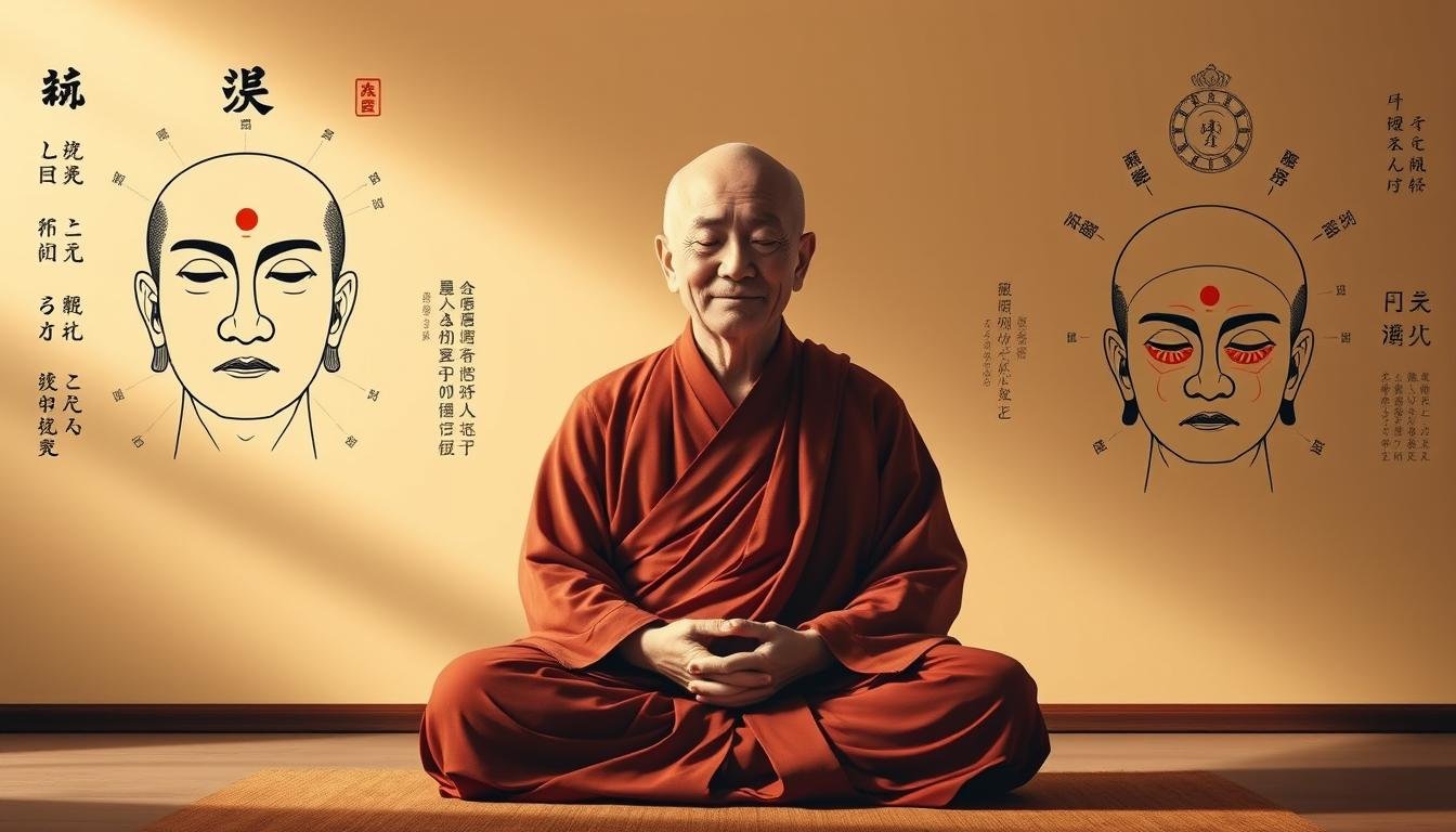 A serene, contemplative study of "Three Auspicious Face Readings: A Cultivation Guide". A central figure, a wise, elderly monk, sits in a meditative pose, their face radiating a tranquil, benevolent expression. Surrounding them, detailed illustrations of facial features and markings, rendered in a traditional East Asian artistic style, illuminate the principles of this ancient physiognomic practice. A warm, soft lighting bathes the scene, creating an atmosphere of deep introspection and spiritual insight. The background is a simple, minimalist setting, allowing the subject to take center stage. Composed with a classic, balanced composition, this image aims to capture the essence of this esoteric knowledge and its transformative potential.