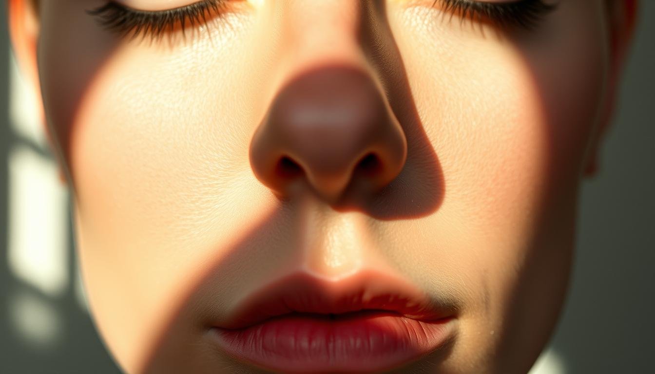 A serene, contemplative study of the nasal bridge and malar regions, illuminated by soft natural light. Delicately rendered, the nose's subtle contours and the prominent cheekbones convey a sense of dignified presence. Harmonious balance and proportion radiate an aura of measured wealth and authority. The visage exudes a profound gravity, hinting at the profound mysteries of physiognomy and the intangible forces that govern human destiny. Precise, photographic realism with a touch of enigmatic elegance.