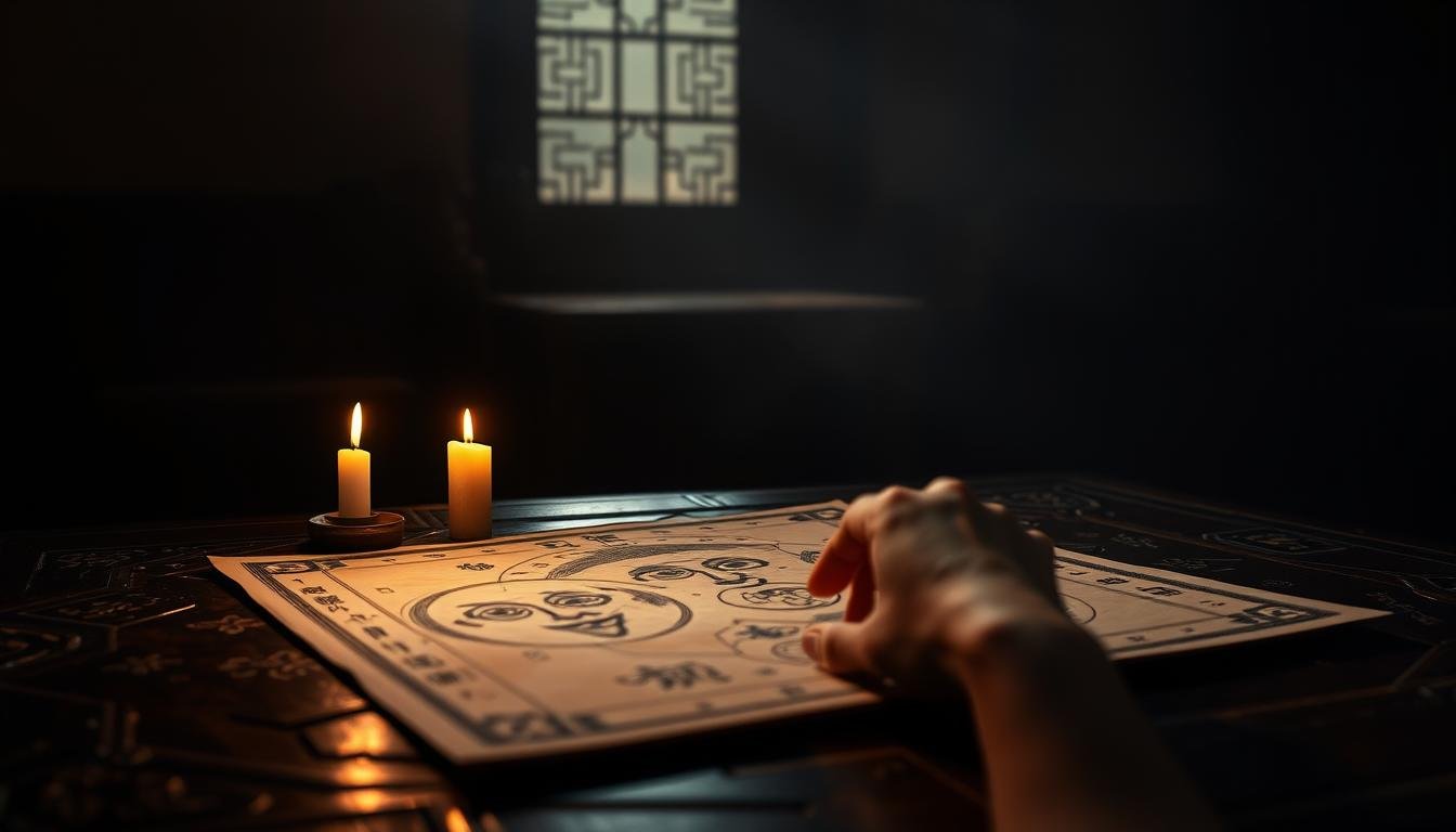 A serene, dimly lit room with an ornate wooden table. On the table, a traditional Chinese face reading chart unfolds, its intricate lines and symbols illuminated by the soft glow of a single candle. In the foreground, a hand delicately traces the chart, studying the nuances of the facial features, seeking to unravel the mysteries of the sitter's destiny. The background fades into a hazy, muted palette, creating a contemplative atmosphere, as if the viewer is transported into a realm of ancient wisdom and divination. The lighting casts dramatic shadows, adding depth and a sense of the mystical to the scene. A serene, dimly lit room with an ornate wooden table. On the table, a traditional Chinese face reading chart unfolds, its intricate lines and symbols illuminated by the soft glow of a single candle. In the foreground, a hand delicately traces the chart, studying the nuances of the facial features, seeking to unravel the mysteries of the sitter's destiny. The background fades into a hazy, muted palette, creating a contemplative atmosphere, as if the viewer is transported into a realm of ancient wisdom and divination. The lighting casts dramatic shadows, adding depth and a sense of the mystical to the scene.