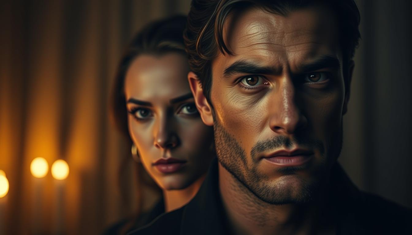 A serene, dimly lit room with soft, warm lighting. Two faces - one male, one female - emerge from the shadows, their features subtly illuminated. The woman's face exudes a regal, graceful beauty, with high cheekbones, a delicate jawline, and piercing eyes. The man's face is strong and masculine, with a prominent brow, chiseled jaw, and a gaze that commands attention. Their expressions convey a sense of profound introspection, hinting at the hidden depths of their characters. The background is blurred, allowing the viewer to focus solely on the captivating facial features that hold the key to their destiny. A serene, dimly lit room with soft, warm lighting. Two faces - one male, one female - emerge from the shadows, their features subtly illuminated. The woman's face exudes a regal, graceful beauty, with high cheekbones, a delicate jawline, and piercing eyes. The man's face is strong and masculine, with a prominent brow, chiseled jaw, and a gaze that commands attention. Their expressions convey a sense of profound introspection, hinting at the hidden depths of their characters. The background is blurred, allowing the viewer to focus solely on the captivating facial features that hold the key to their destiny.