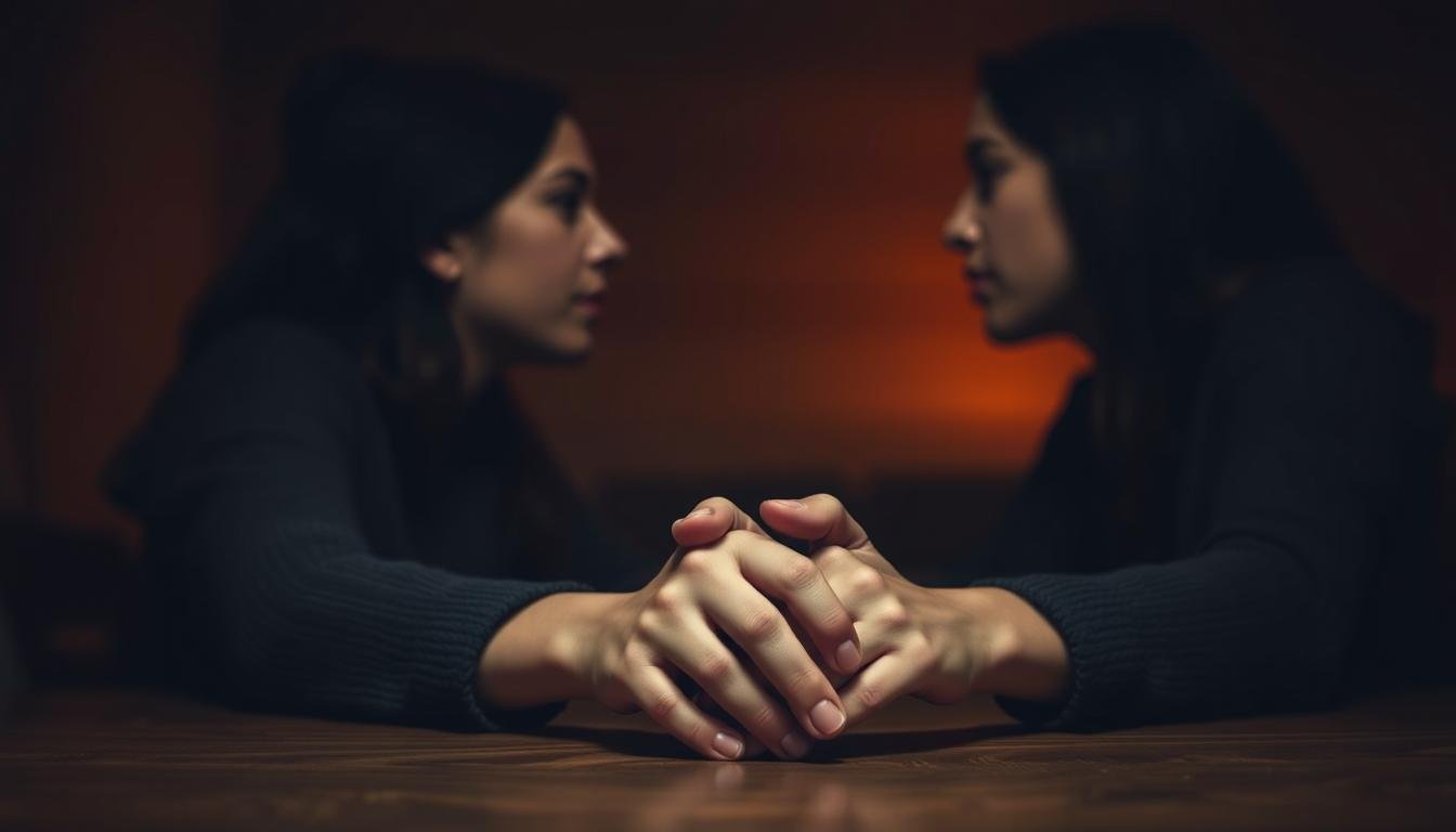 A serene, dimly lit scene depicting a couple engaged in deep, intimate conversation. In the foreground, their clasped hands rest on a wooden table, fingers intertwined, symbolizing their connection. The middle ground features the couple's faces in profile, their expressions pensive yet tranquil, as they gaze into each other's eyes, navigating the complexities of their relationship. The background is softly blurred, creating a sense of privacy and introspection. Warm, muted lighting casts a gentle glow, evoking a sense of warmth and understanding. The overall atmosphere is one of thoughtful introspection, as the couple seeks to harmonize the lines of their brows and find balance in their communication.