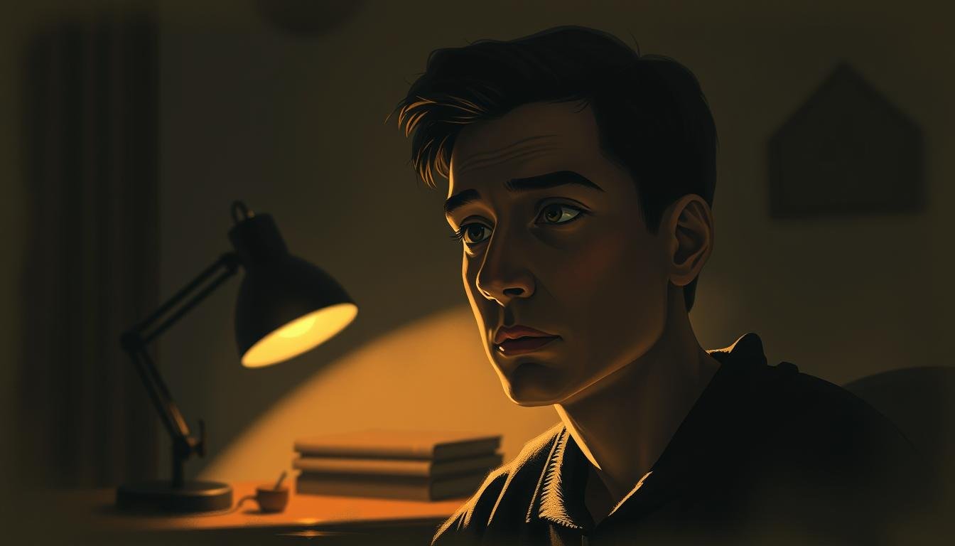A serene, dimly-lit study where a pensive individual sits, their recessed eye sockets casting shadows across their thoughtful expression. Warm, muted lighting emanates from a desk lamp, creating a contemplative atmosphere. The subject's gaze is introspective, hinting at the depth of their character and the influence of their facial features. Soft, textured brushstrokes render the scene, evoking a sense of psychological insight and the subtle complexities of human nature. A minimalist, uncluttered environment allows the focus to remain on the subject's face, highlighting the significance of the eye socket configuration and its relationship to personality.