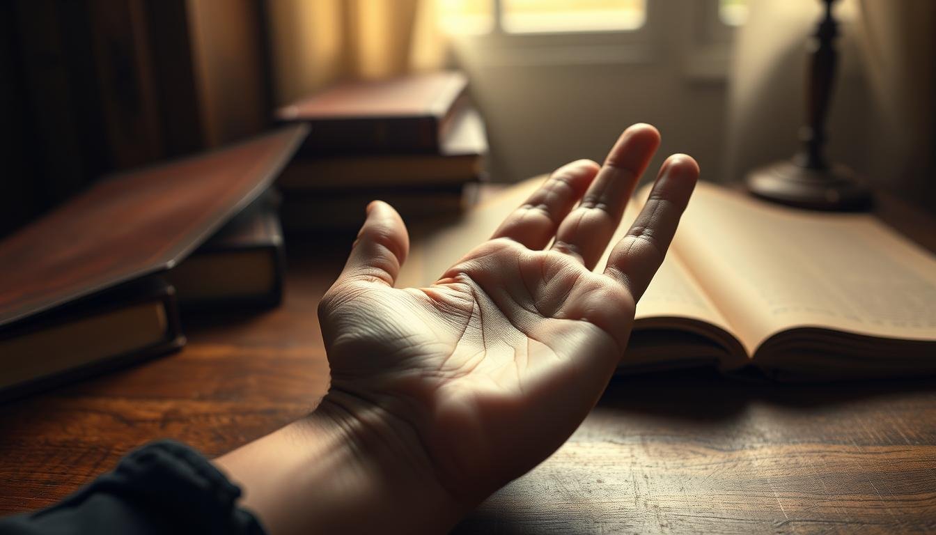 A serene, dimly lit study with a wooden desk and leather-bound books. On the desk, an open palm rests, revealing the intricate lines and mounts of a comprehensive hand reading. The background is shrouded in soft, warm lighting, creating a contemplative atmosphere. The viewer's gaze is drawn to the hand, where the principles of the five elements are subtly woven into the lines, mounts, and shapes, showcasing the synergistic application of physiognomy and palmistry. The composition emphasizes the depth and nuance of this ancient practice, inviting the viewer to ponder the insights it can offer.