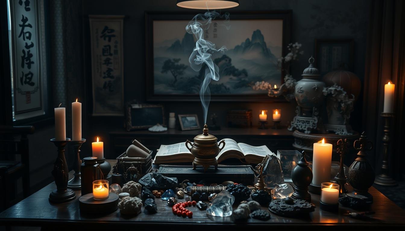 A serene, dimly lit study with a wooden table in the center. Atop the table, a collection of ancient Chinese texts, talismans, and a brass incense burner emit a wispy, fragrant smoke. In the foreground, a variety of crystals, amulets, and feng shui symbols are artfully arranged, casting a soft, mystical glow. The background features ornate Chinese calligraphy scrolls and a traditional landscape painting depicting a tranquil mountain scene. Subtle lighting from candles and a single overhead lamp create a contemplative, otherworldly atmosphere, perfectly suited for exploring methods to improve one's fortunes.
