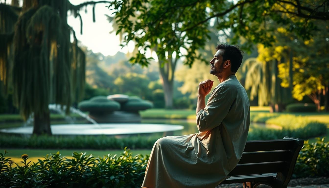 A serene garden setting, with a contemplative individual seated on a bench, deep in thought. The background features a lush, verdant landscape with towering trees and a tranquil pond, bathed in soft, natural lighting that casts a warm, meditative glow. The figure, dressed in simple, flowing garments, is lost in introspection, their face reflecting a calm, focused expression as they ponder the strategies and inner drive that have led to their professional success. The overall composition conveys a sense of balance, harmony, and the powerful, yet subtle, interplay between ambition and inner peace.